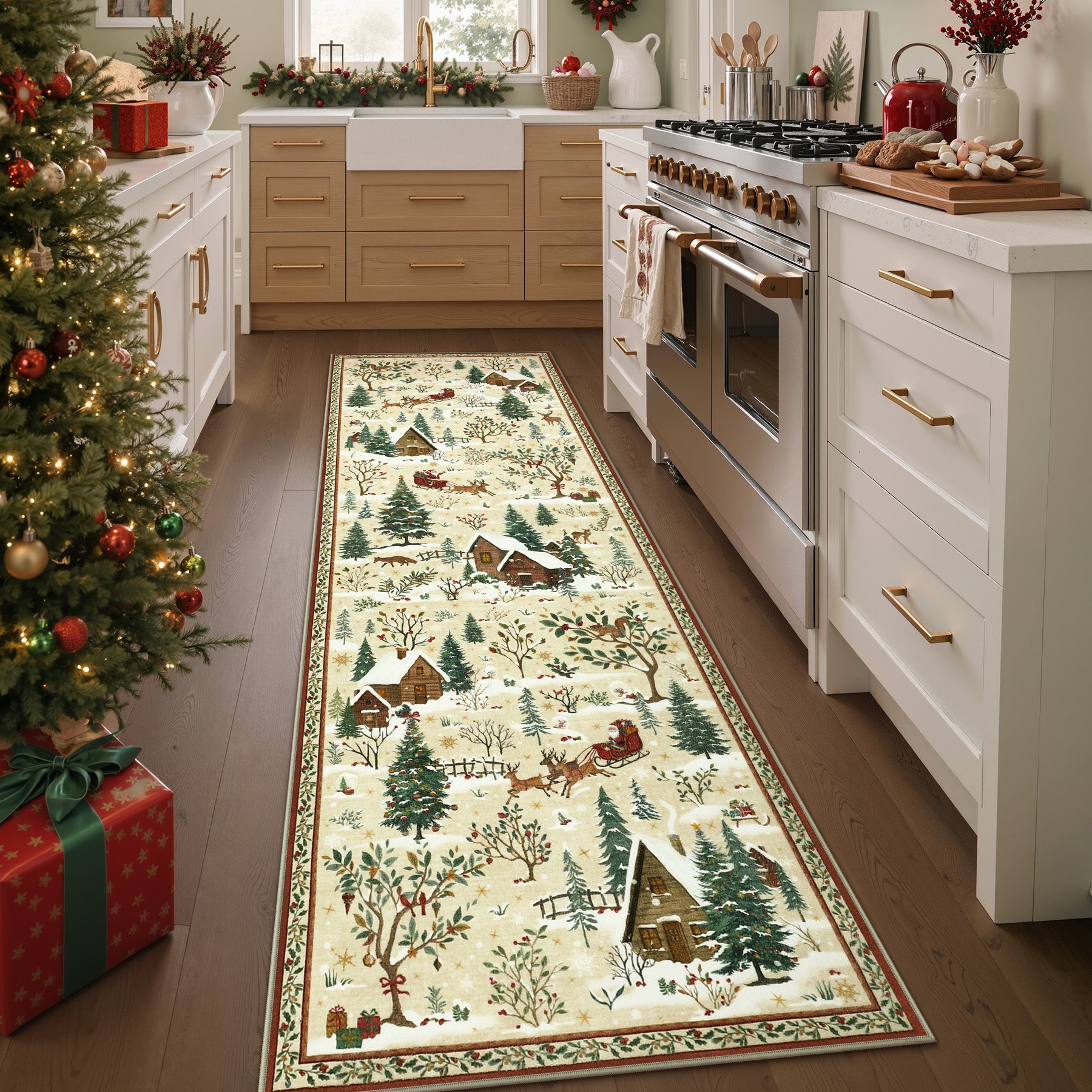 Christmas Snow Forest Washable Area Rug, Soft Holiday Scene Non-Slip Indoor Rug for Living Room Bedroom, Oeko-Tex Certified