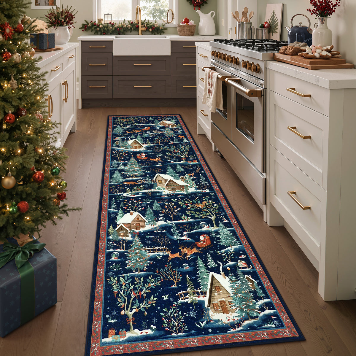 Christmas Snow Forest Washable Area Rug, Soft Holiday Scene Non-Slip Indoor Rug for Living Room Bedroom, Oeko-Tex Certified