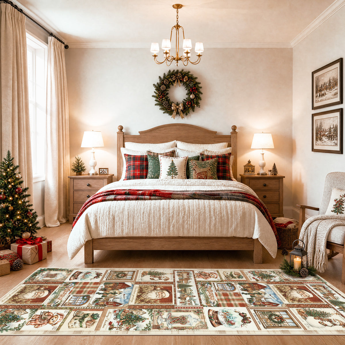 Christmas Vintage Runner Rug, Washable Non-Slip Holiday Kitchen Mat