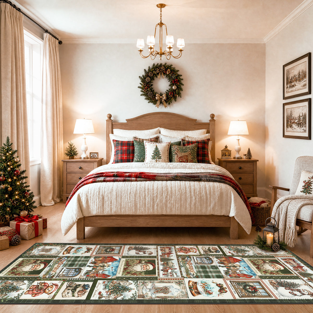 Christmas Vintage Runner Rug, Washable Non-Slip Holiday Kitchen Mat