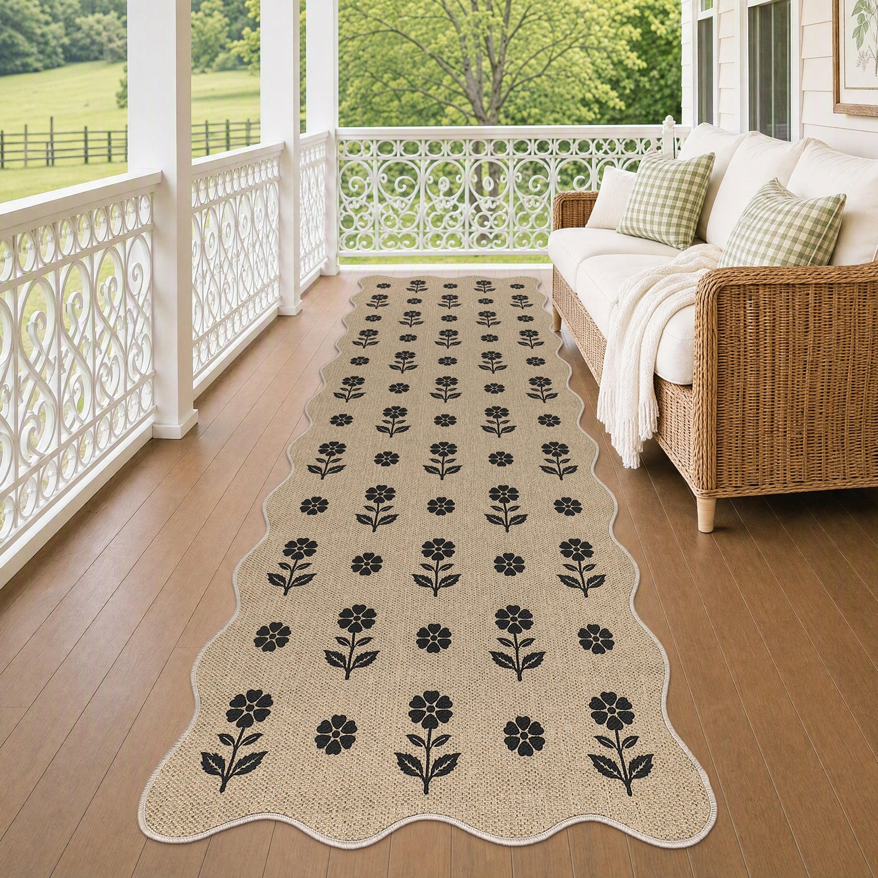 2x6/3x5 Floral Easy Jute Hallway Runner Rug, Scalloped Kitchen Runner Rug Non Skid Washable Indoor Carpet, Oeko-Tex Certified