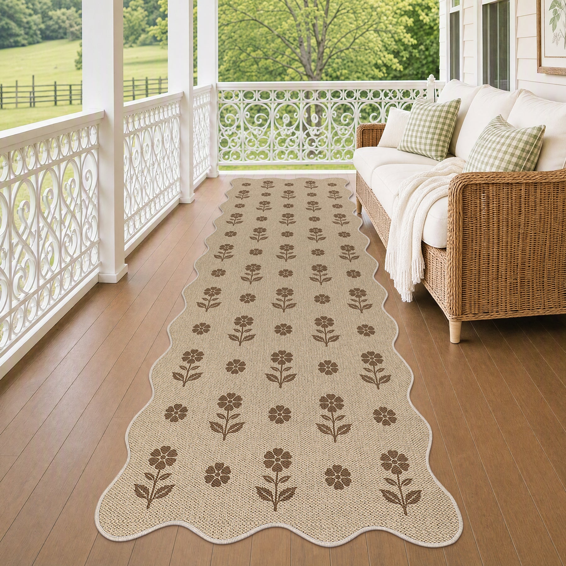 2x6/3x5 Floral Easy Jute Hallway Runner Rug, Scalloped Kitchen Runner Rug Non Skid Washable Indoor Carpet, Oeko-Tex Certified