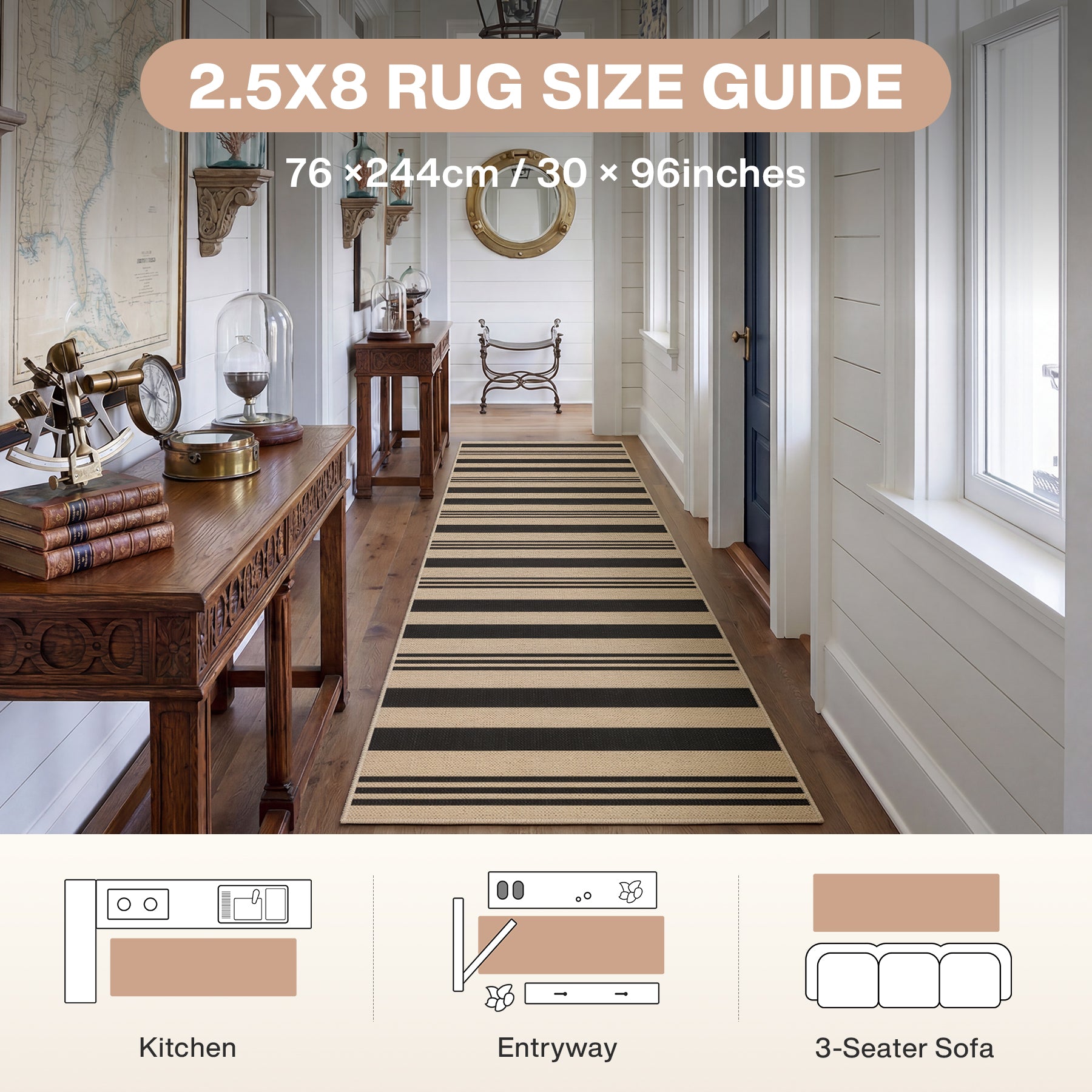 2.5x8/3x5 Striped Easy Jute Area Rug, Outdoor Hallway Runner Rug Non-Skid Washable Indoor Carpet for Entryway Porch, Oeko-Tex Certified