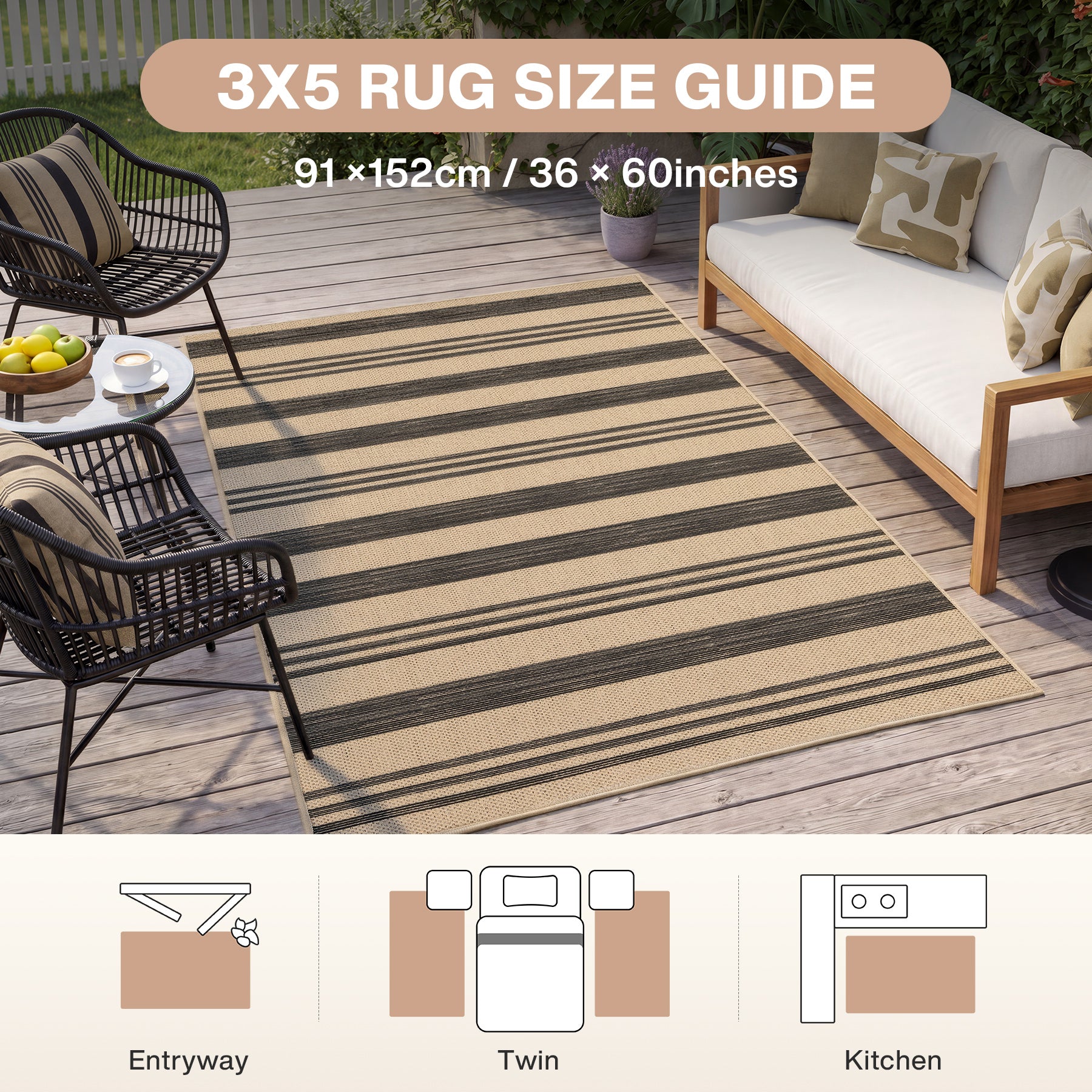2.5x8/3x5 Striped Easy Jute Area Rug, Outdoor Hallway Runner Rug Non-Skid Washable Indoor Carpet for Entryway Porch, Oeko-Tex Certified