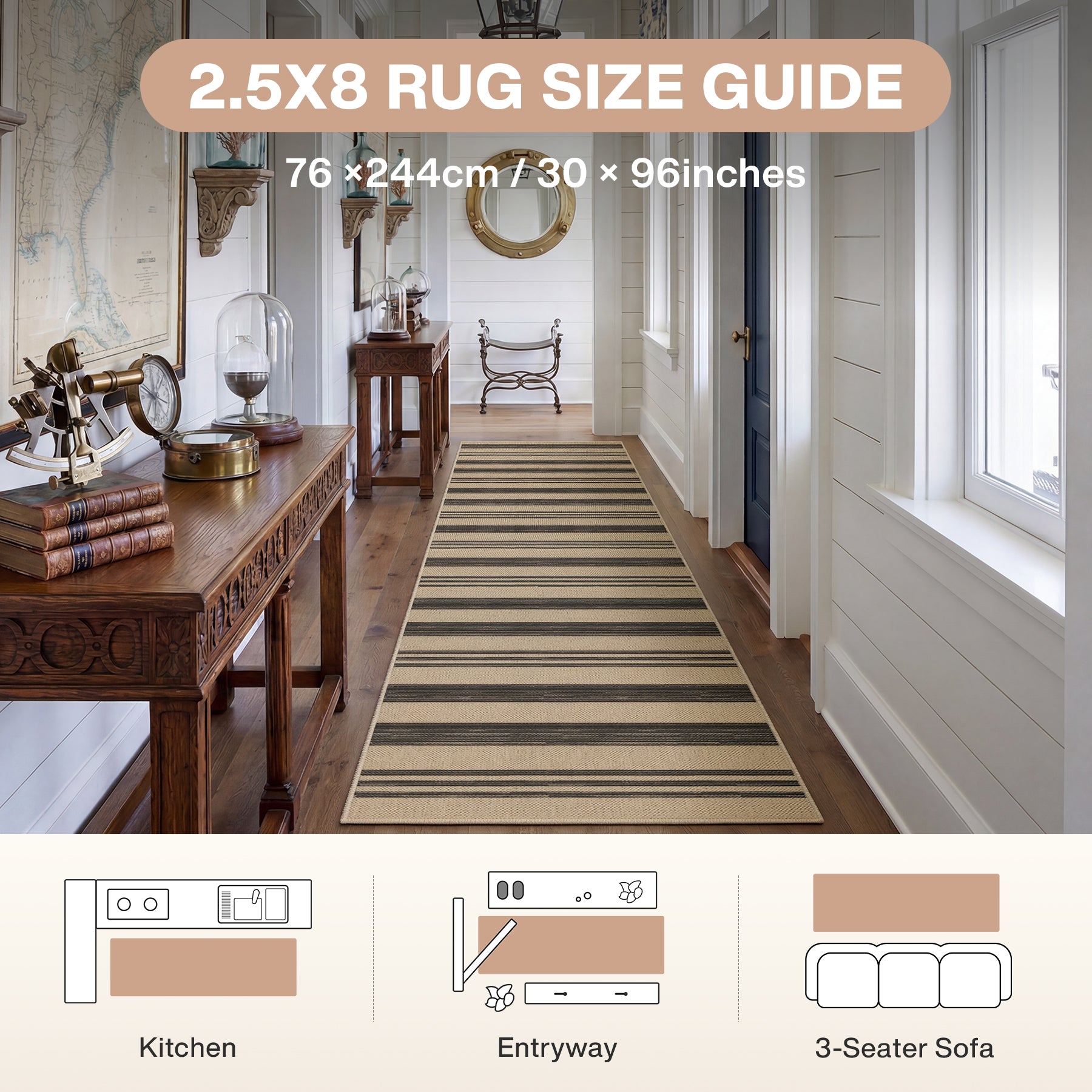 2.5x8/3x5 Striped Easy Jute Area Rug, Outdoor Hallway Runner Rug Non-Skid Washable Indoor Carpet for Entryway Porch, Oeko-Tex Certified