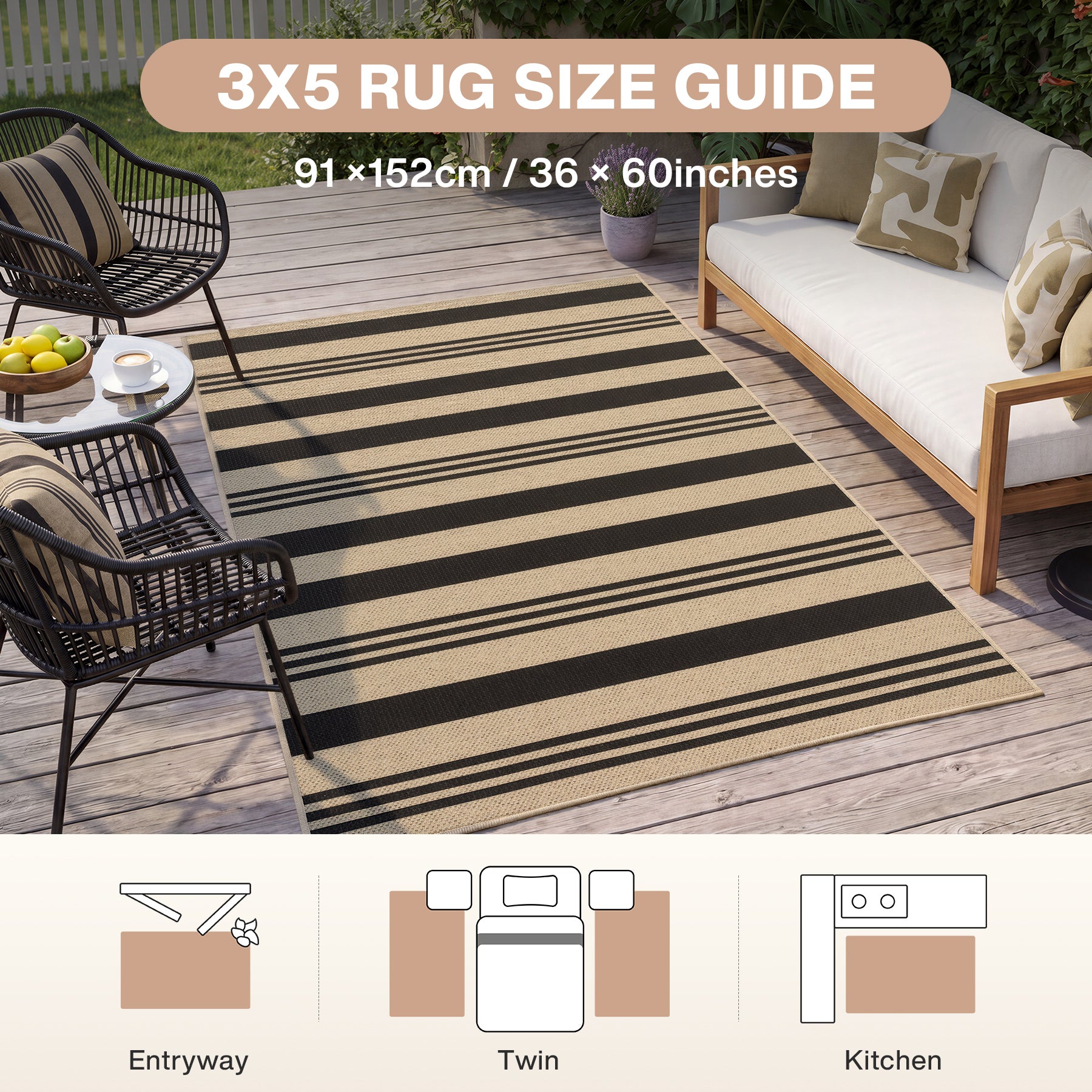 2.5x8/3x5 Striped Easy Jute Area Rug, Outdoor Hallway Runner Rug Non-Skid Washable Indoor Carpet for Entryway Porch, Oeko-Tex Certified