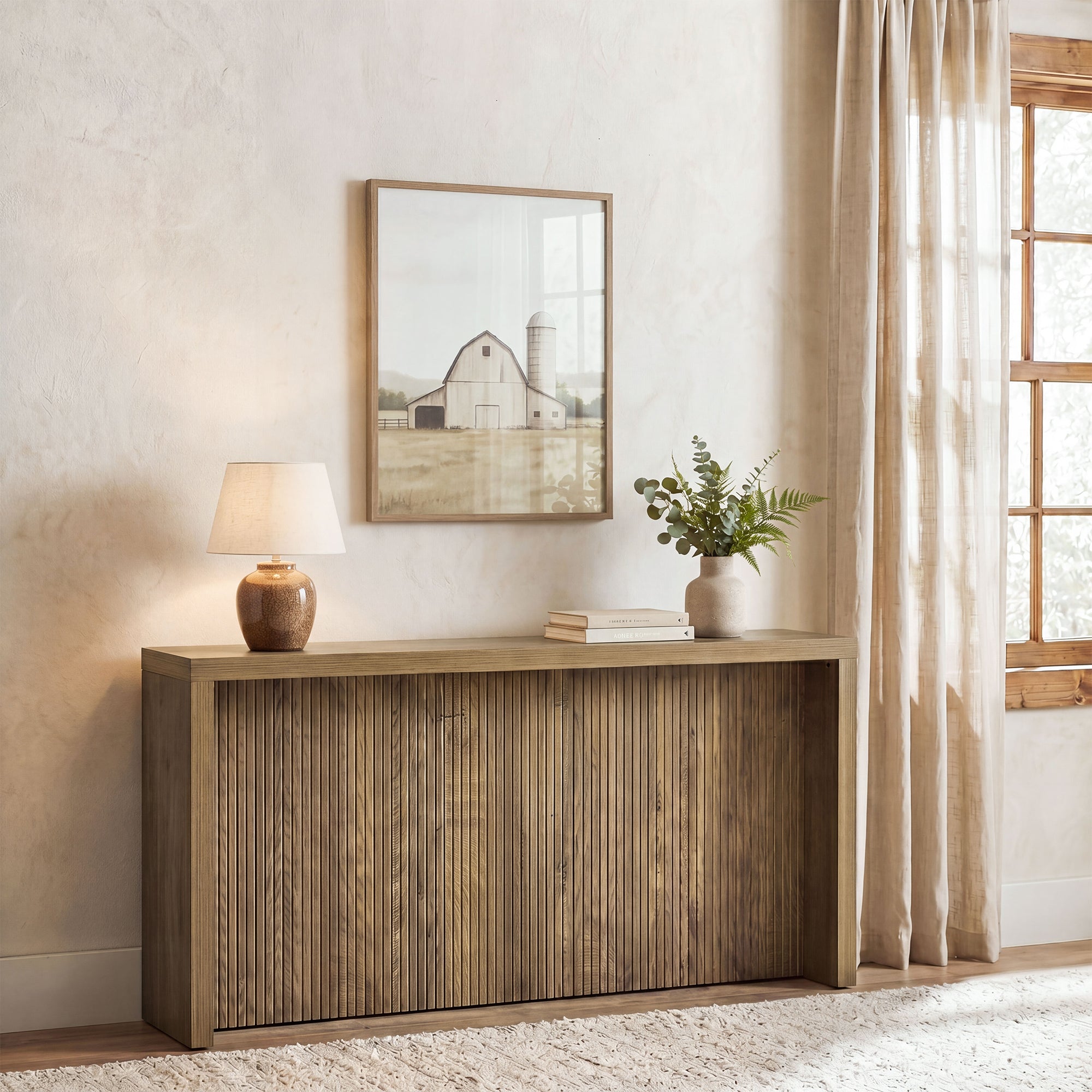 63" Farmhouse Console Table, Wooden Entry Table with Fluted Design for Hallway