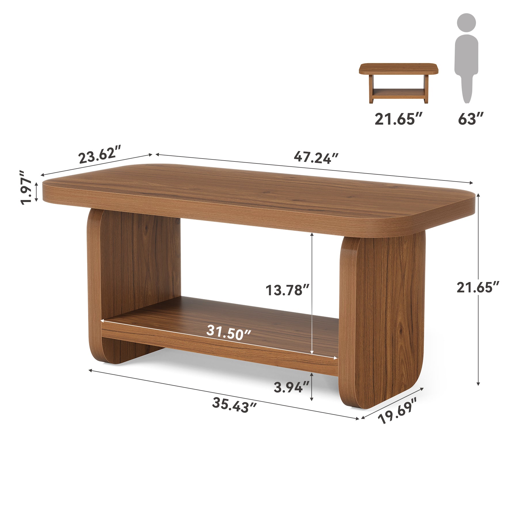 47.2" Coffee Table, Modern Farmhouse Center Table with Open Storage