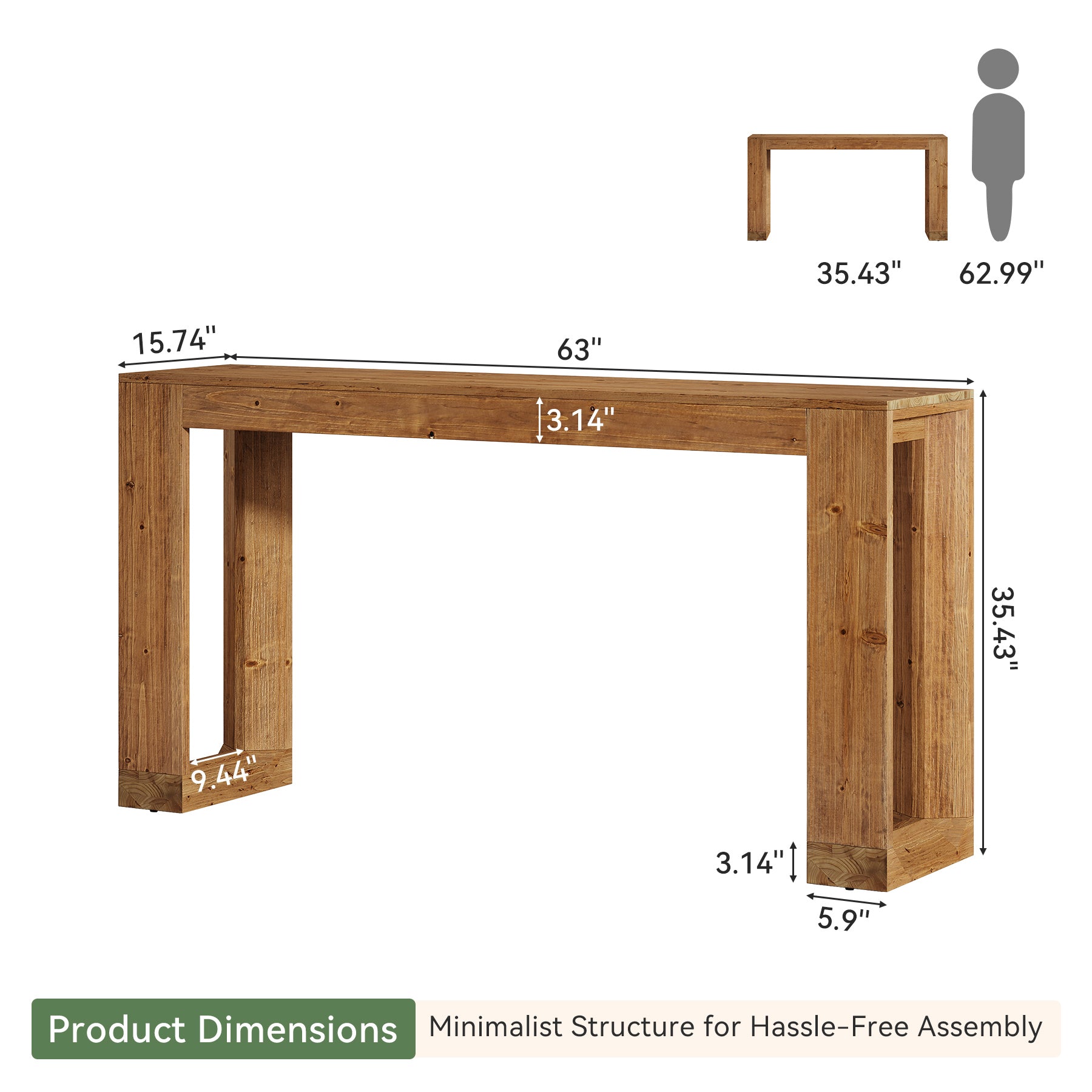 63" Console Table, Solid Wood Sofa Table with Reinforced Base