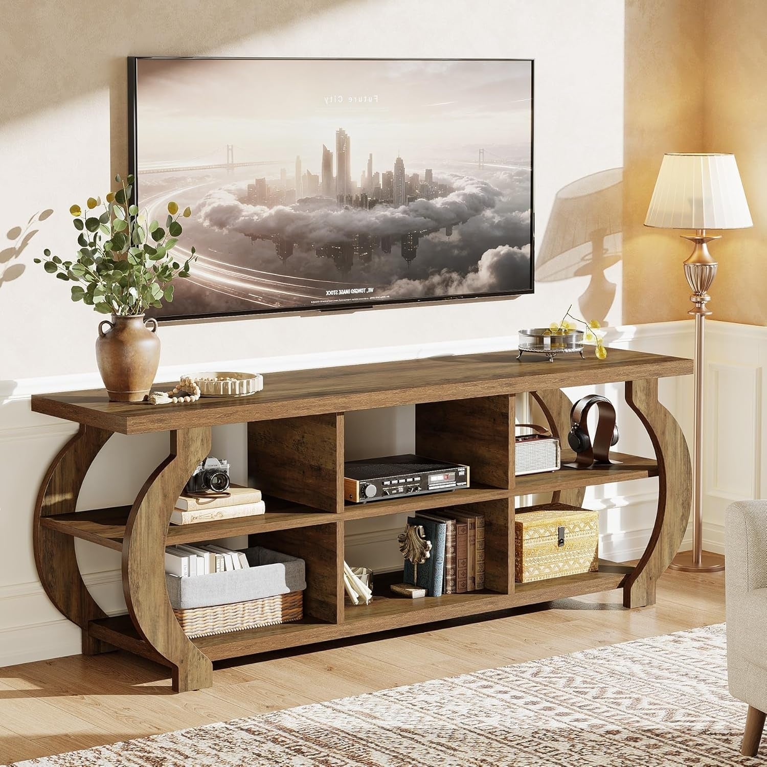 63" Farmhouse TV Stand for 55–75 Inch TVs, Wood Media Console with Open Storage Shelves for Living Room