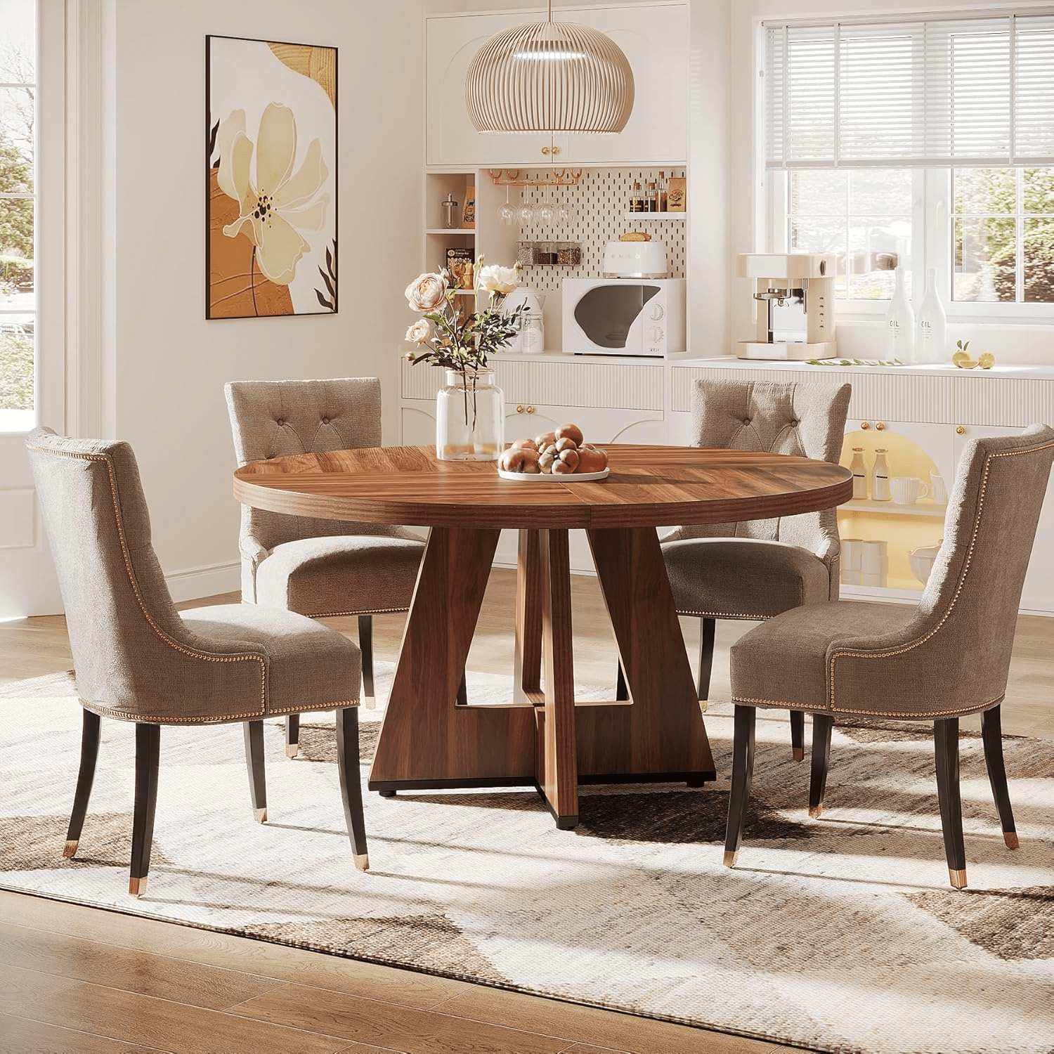 47-Inch Round Farmhouse Dining Table for 4–6 with Cross-Style Pedestal Base