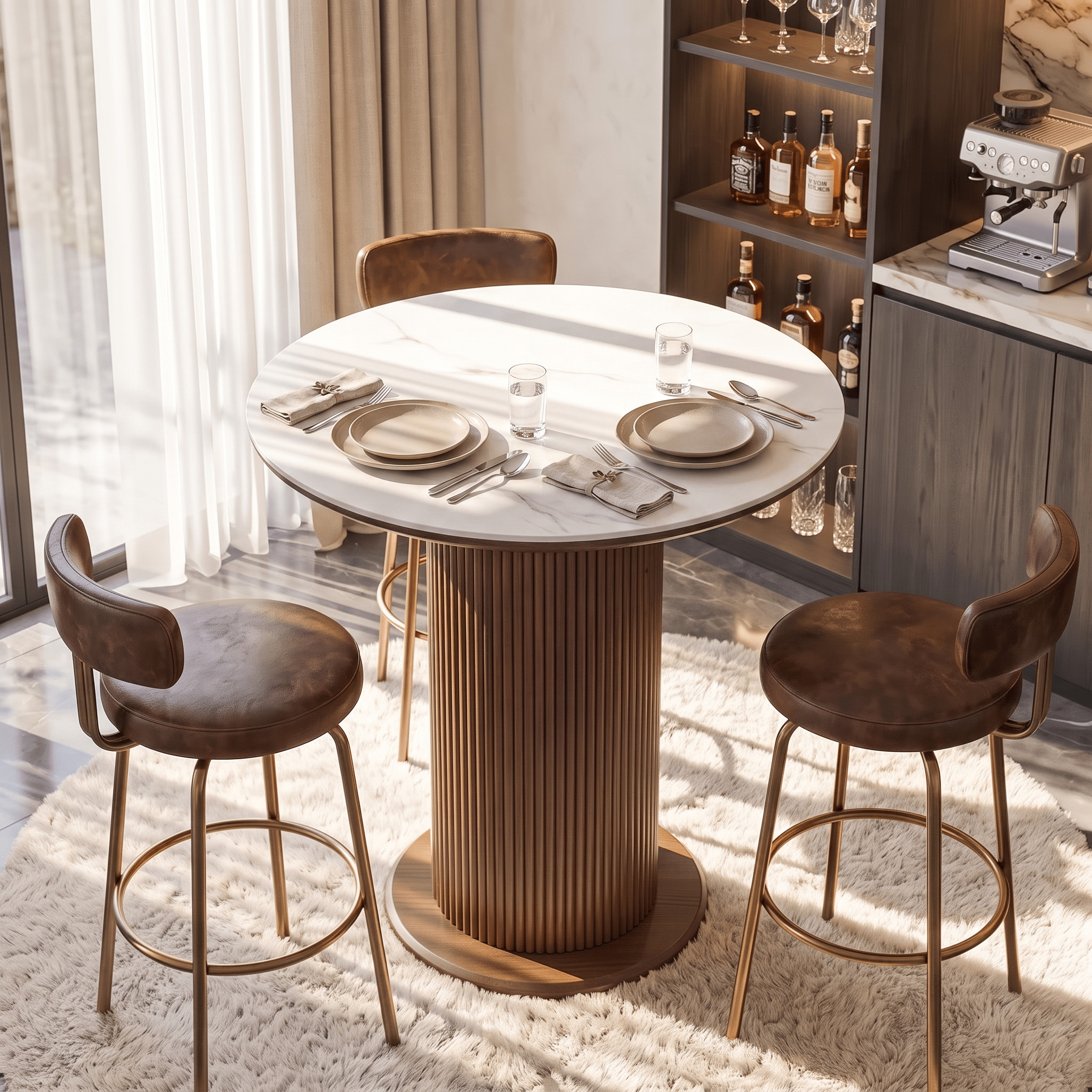 31.5" Round Sintered Stone Dining Table with Solid Wood Pedestal Base