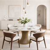 59" Round Stone Dining Table for 6, Gold Stainless Steel Pedestal 3