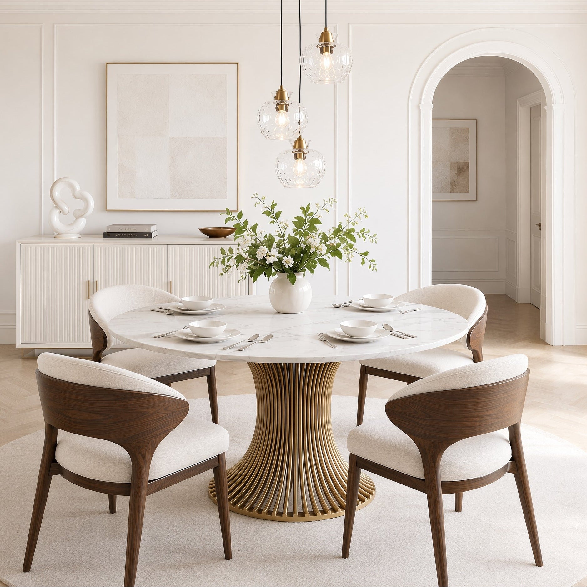 59" Round Stone Dining Table for 6, Gold Stainless Steel Pedestal