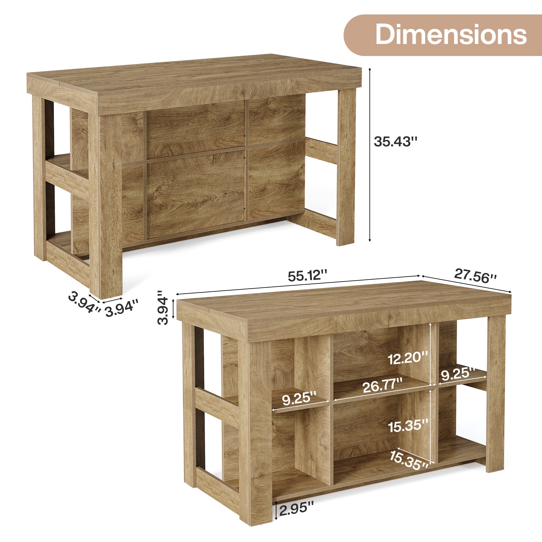 55" Kitchen Island, Farmhouse 3-Tier Stationary Island Table with 6 Storage Cubbies