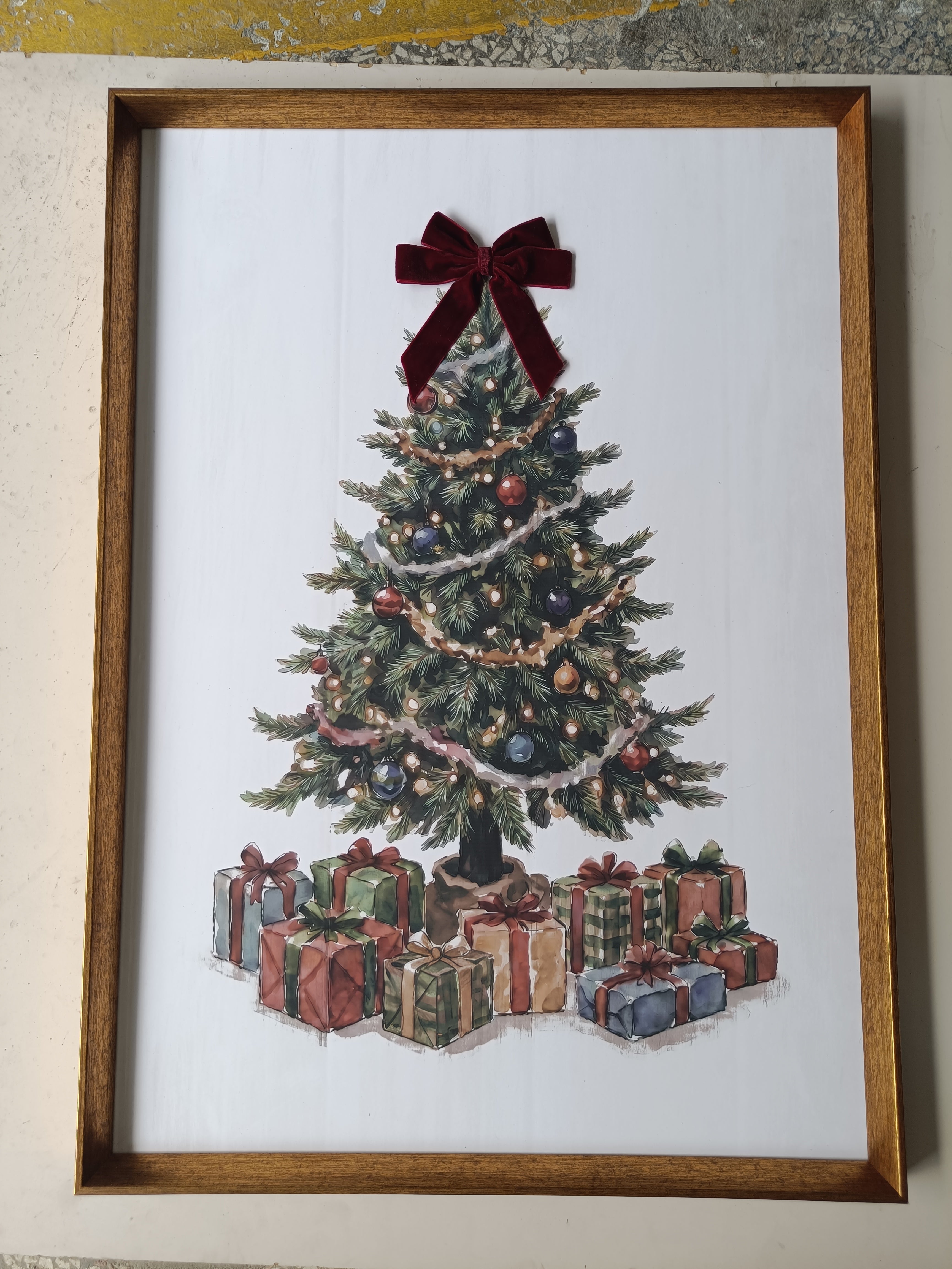 Watercolor Christmas Tree Wall Art, Red Velvet Bow, Farmhouse Framed Holiday Decor, Living Room