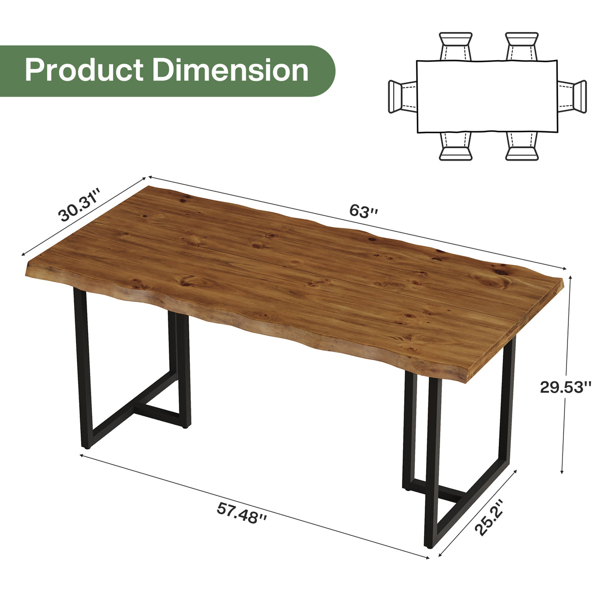 63" Solid Wood Dining Table, Rectangular Kitchen Table with Live-Edge Inspired Top for 4–6