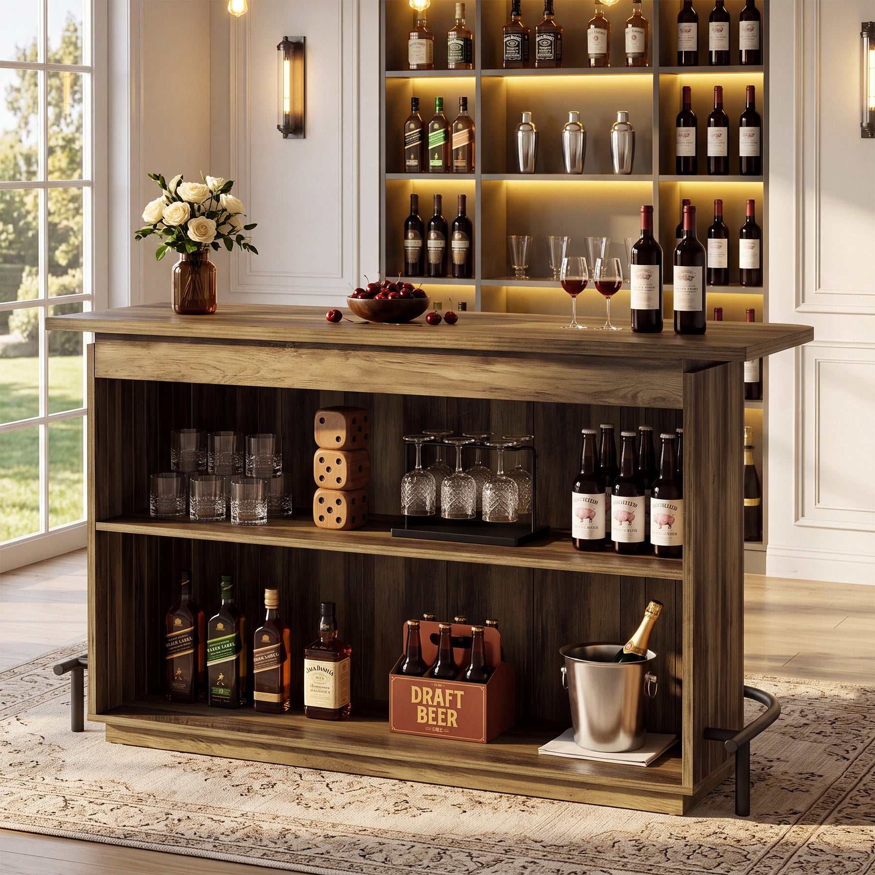 55" Industrial Home Bar Unit, Counter Height 2-Tier Bar Table, Wine Liquor Cabinet