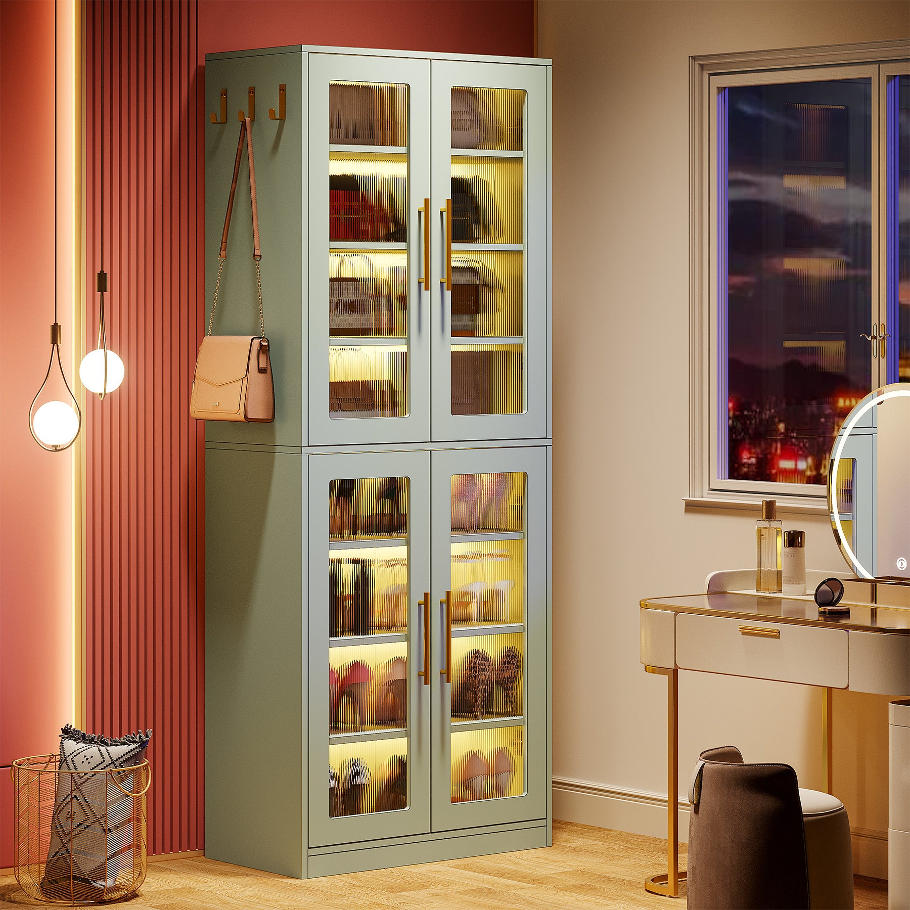 66.9" Tall Shoe Storage Cabinet, 8-Tier Entryway Shoe Organizer Rack with Acrylic Doors and LED Lights