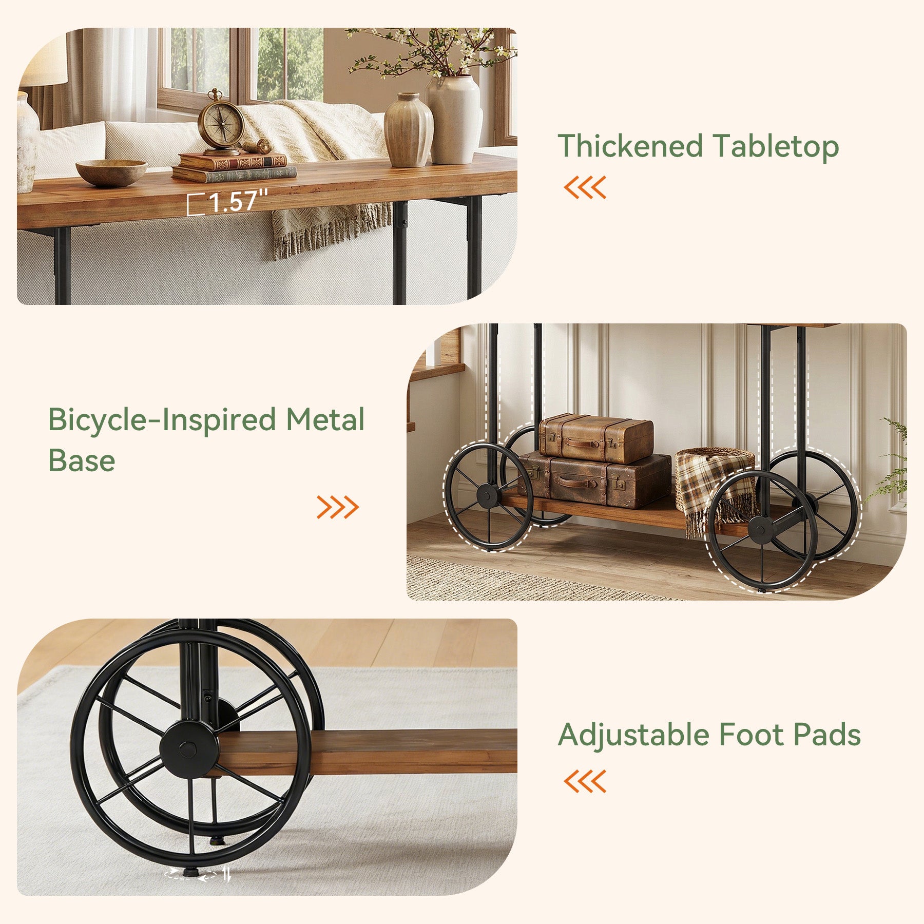 47" Solid Wood Industrial Console Table with 2-Tier Shelves – Narrow Entryway Sofa Table with Metal Base for Hallway or Living Room