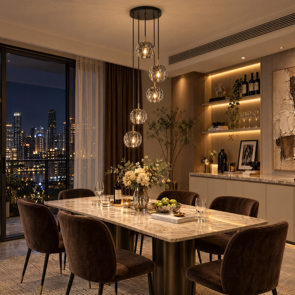5-Light Modern Pendant Light with Textured Smoky Gray Glass Shades