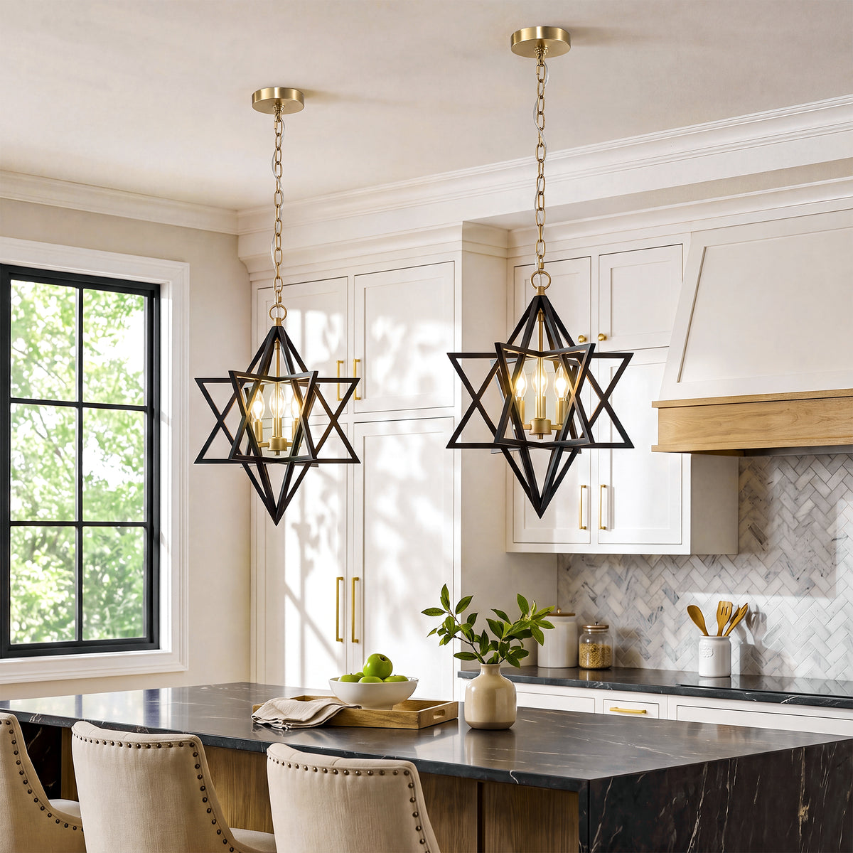 3-Light 15.75" Geometric Chandelier, Black and Gold Farmhouse Pendant Light