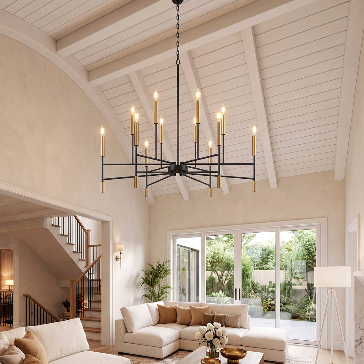 12-Light 32" Farmhouse Chandelier, Black and Gold Candle Ceiling Light