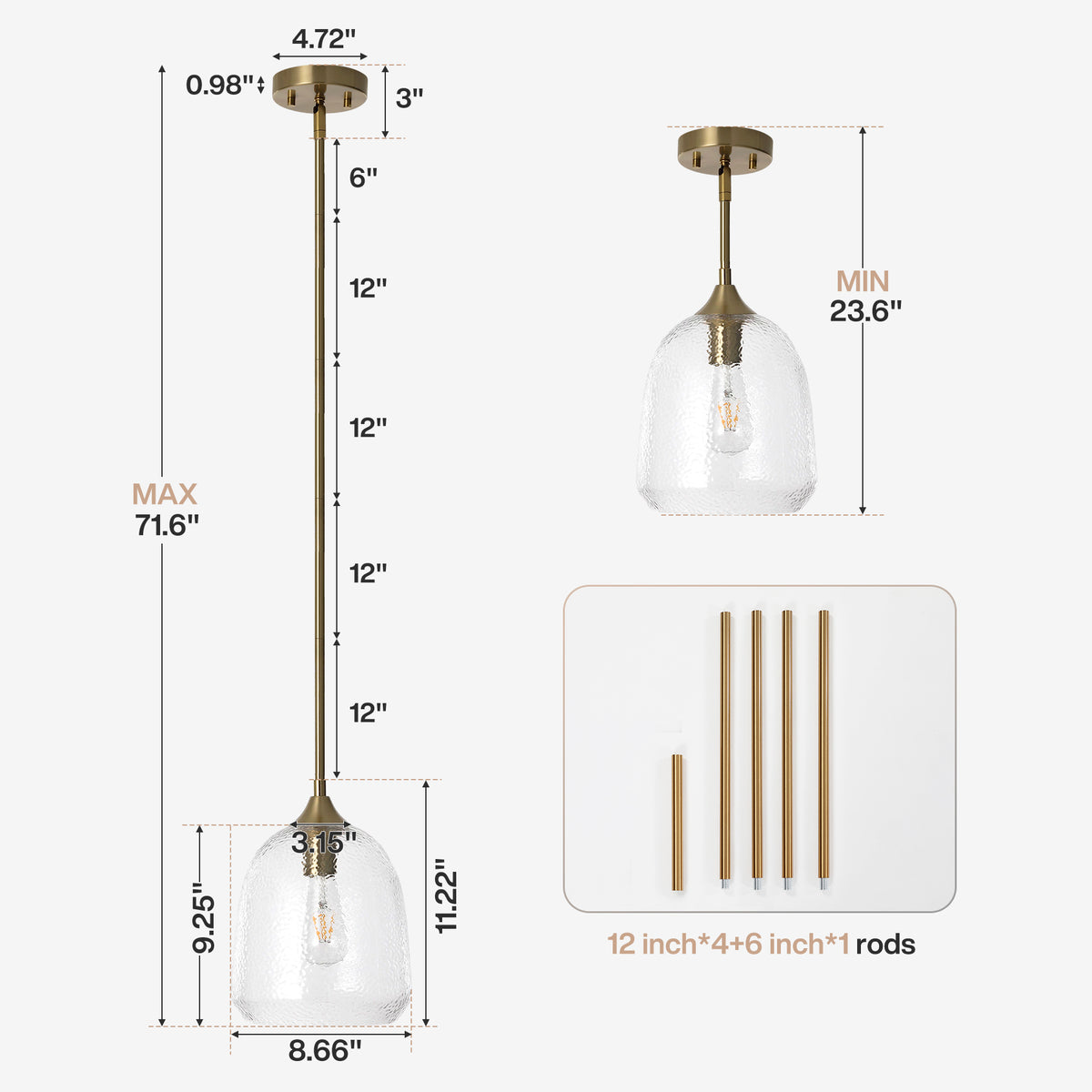 Tribesigns Modern Hammered Glass Pendant Light, Brass Island Light