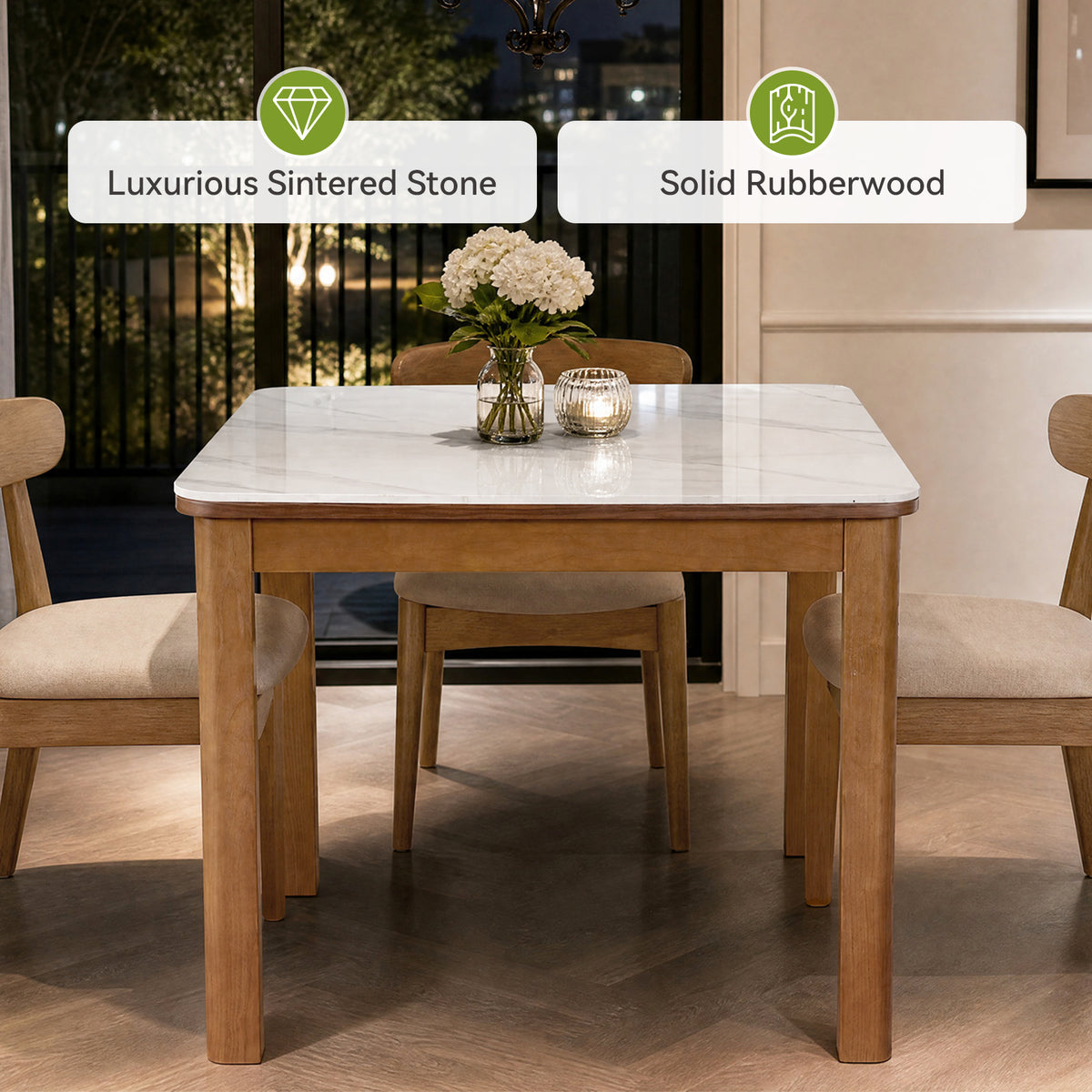 35.4" Square Sintered Stone Dining Table with Rubberwood Legs for 2-4 People