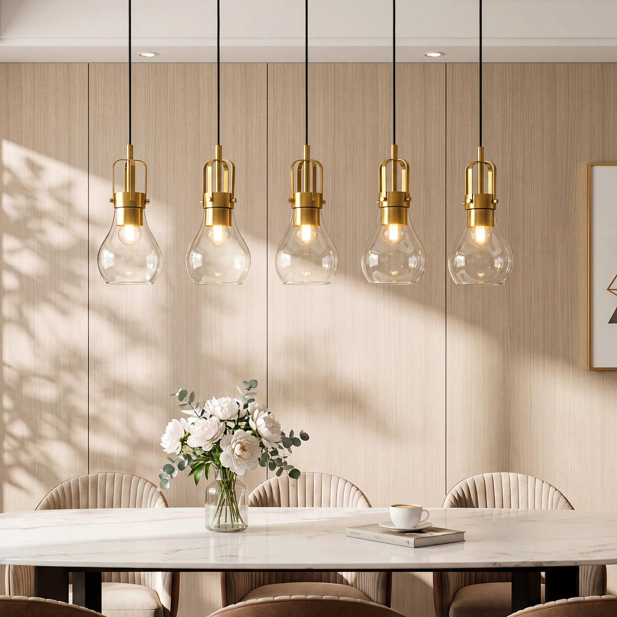 Modern Gold Pendant Light, Industrial Metal Cage Hanging Light with Clear Glass Shade
