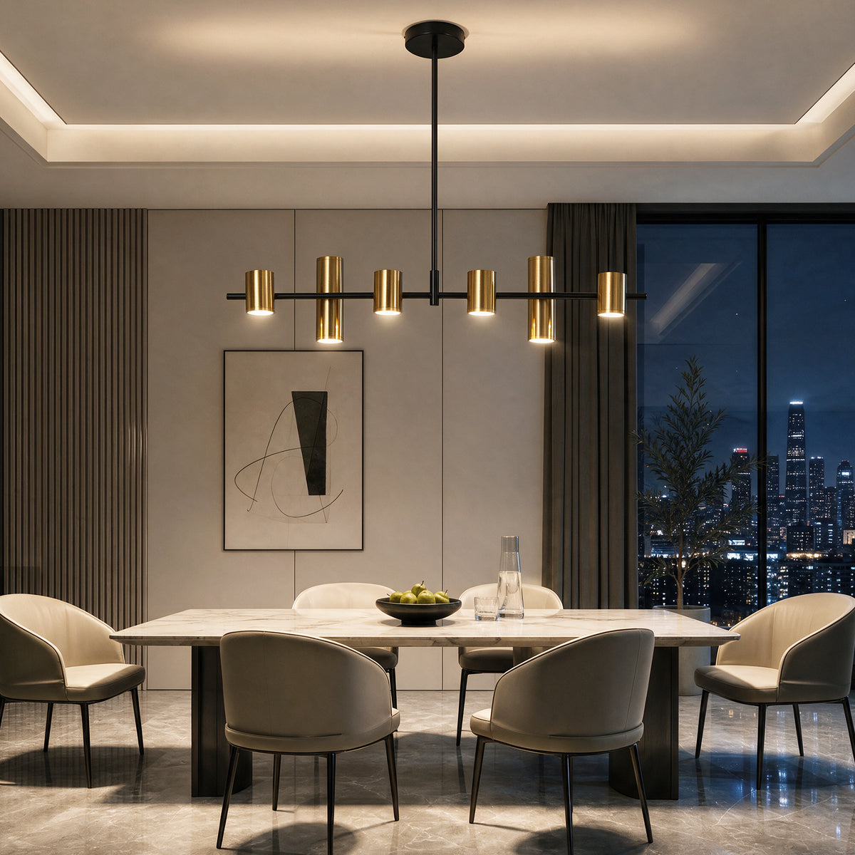 Tribesigns 6-Light Modern Black Gold Linear Chandelier, LED Pendant Light