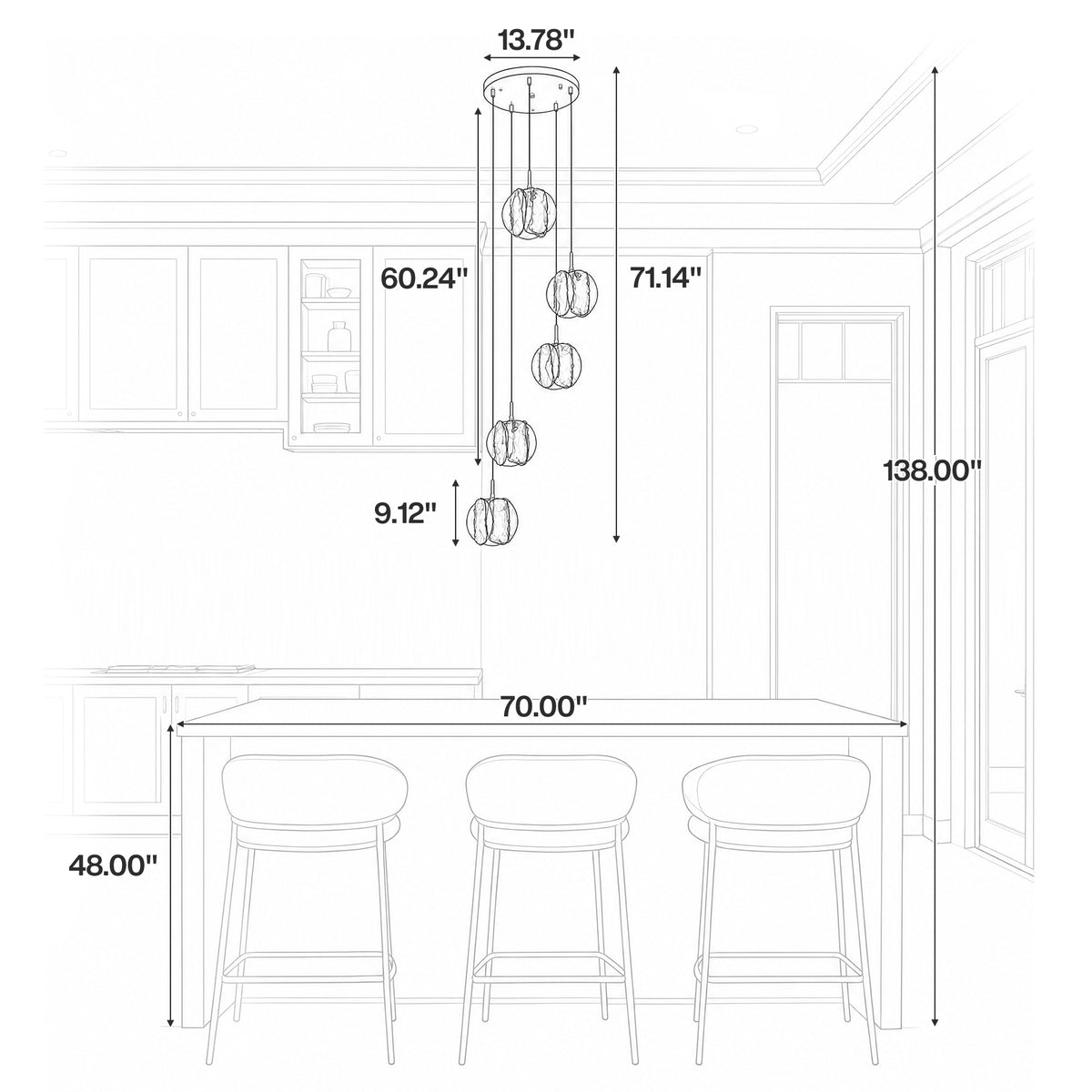 5-Light Modern Pendant Light with Textured Smoky Gray Glass Shades