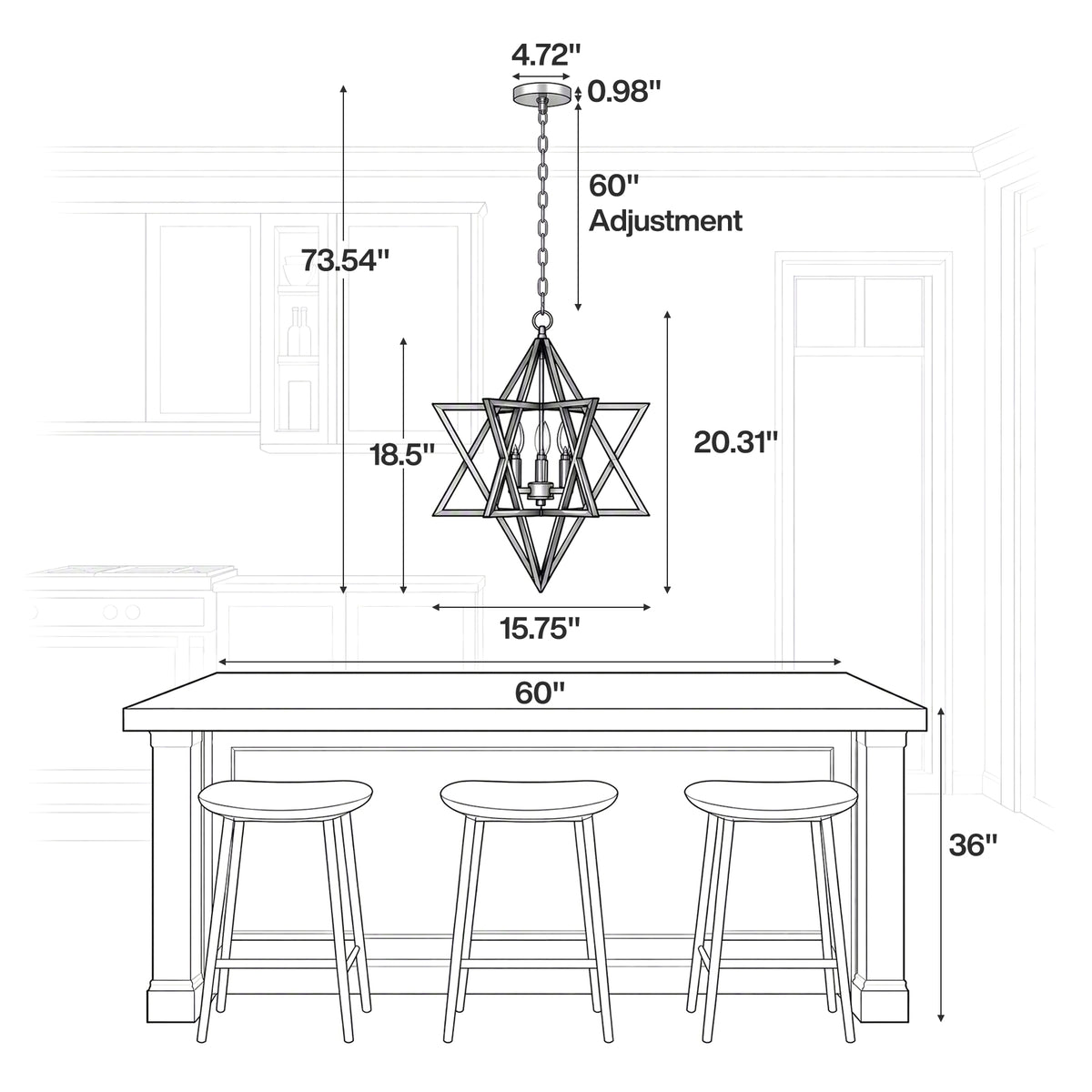 3-Light 15.75" Geometric Chandelier, Black and Gold Farmhouse Pendant Light