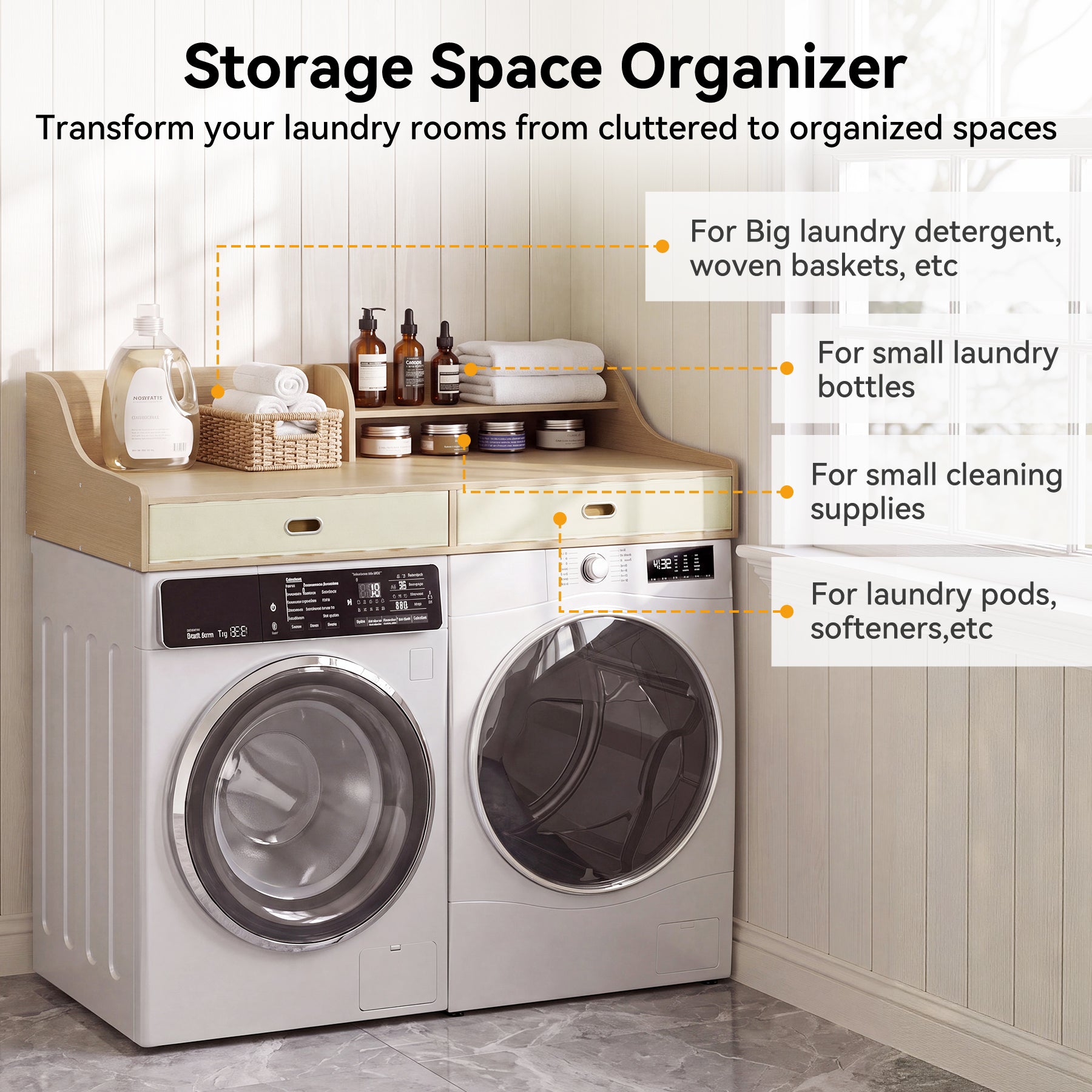 54" Washer Dryer Countertop with Drawers, 3-Tier Laundry Room Organizer, Waterproof Wood Topper