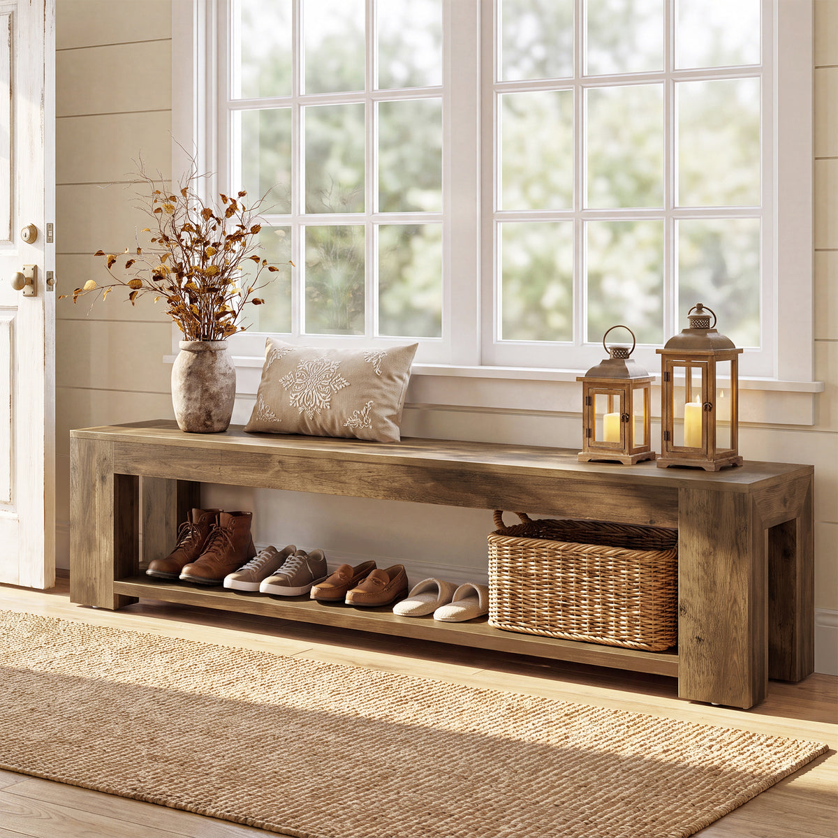 70.87" Entryway Bench, 2-Tier Storage Shoe Bench with Lower Open Shelf for 3-4 People