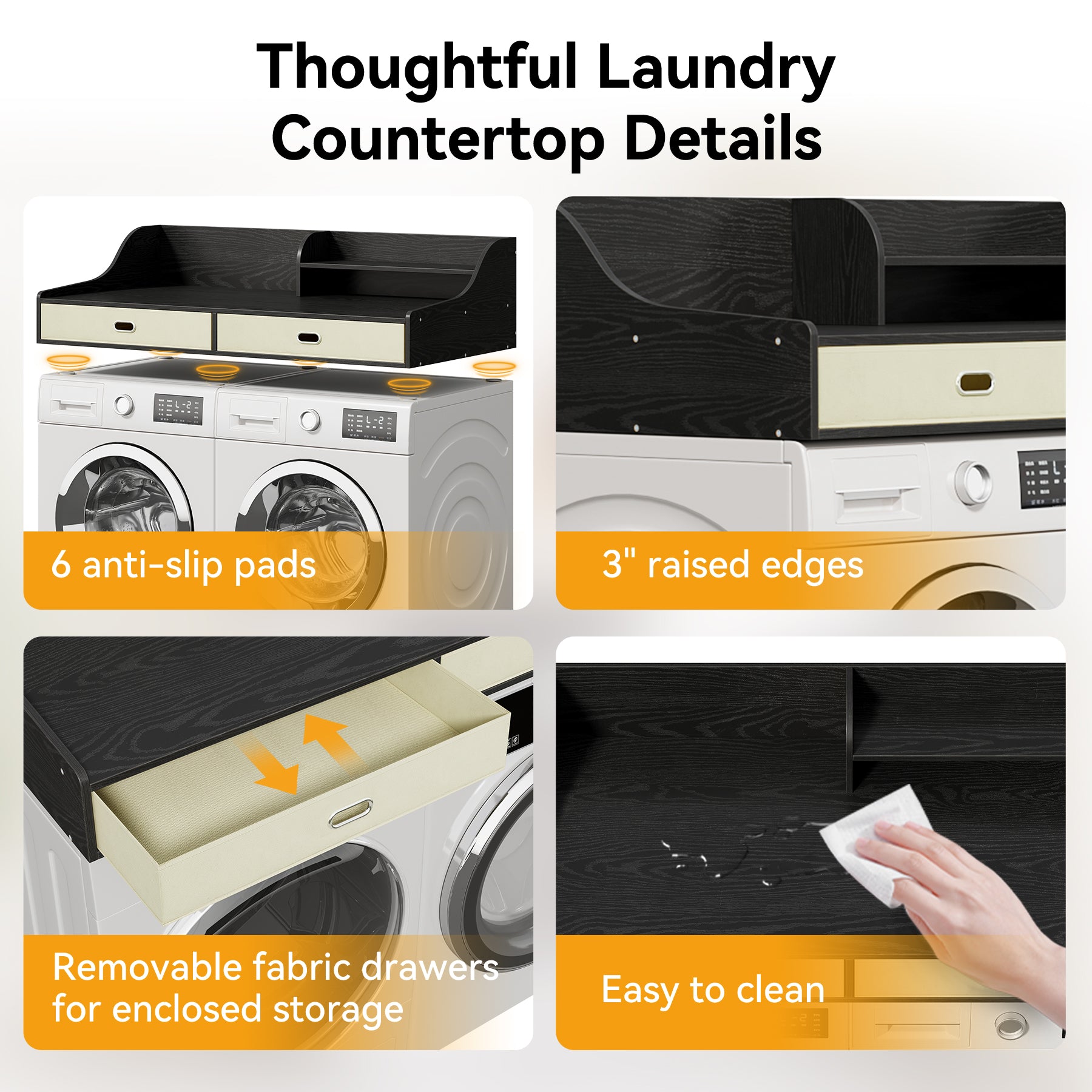 54" Washer Dryer Countertop with Drawers, 3-Tier Laundry Room Organizer, Waterproof Wood Topper