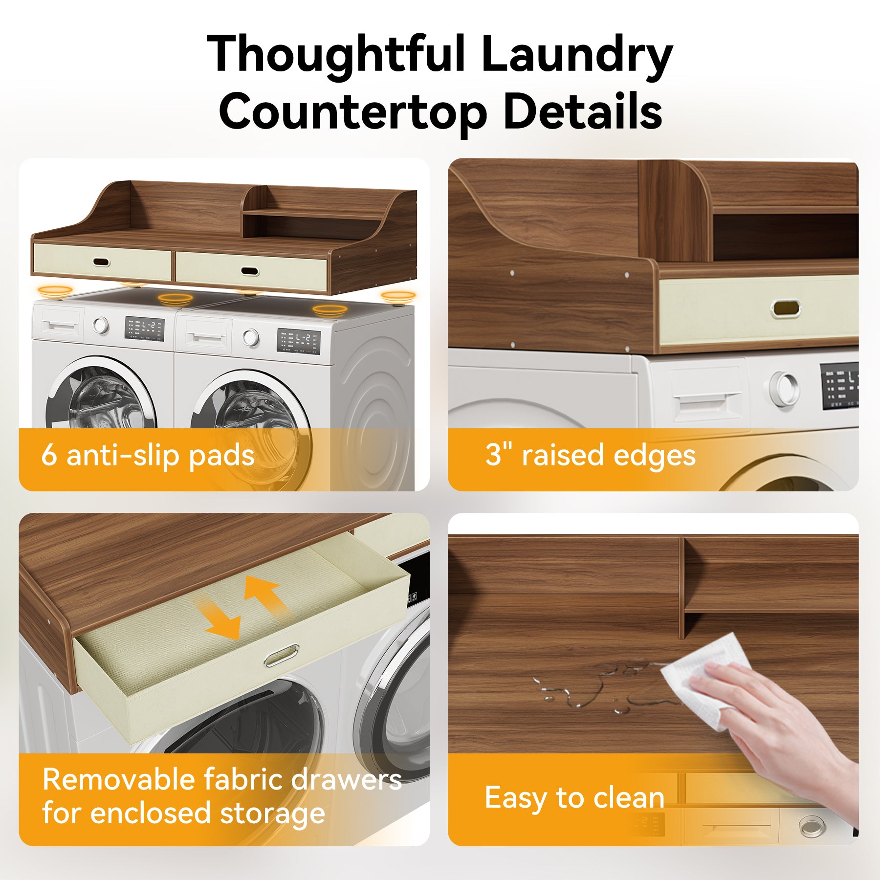 54" Washer Dryer Countertop with Drawers, 3-Tier Laundry Room Organizer, Waterproof Wood Topper