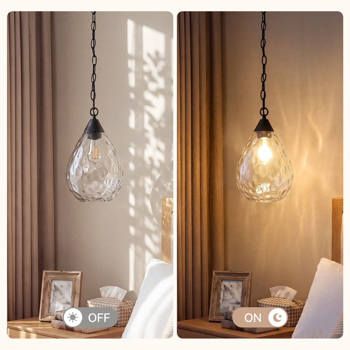 Hammered Glass Pendant Light, Modern Black Hanging Light with 60" Chain