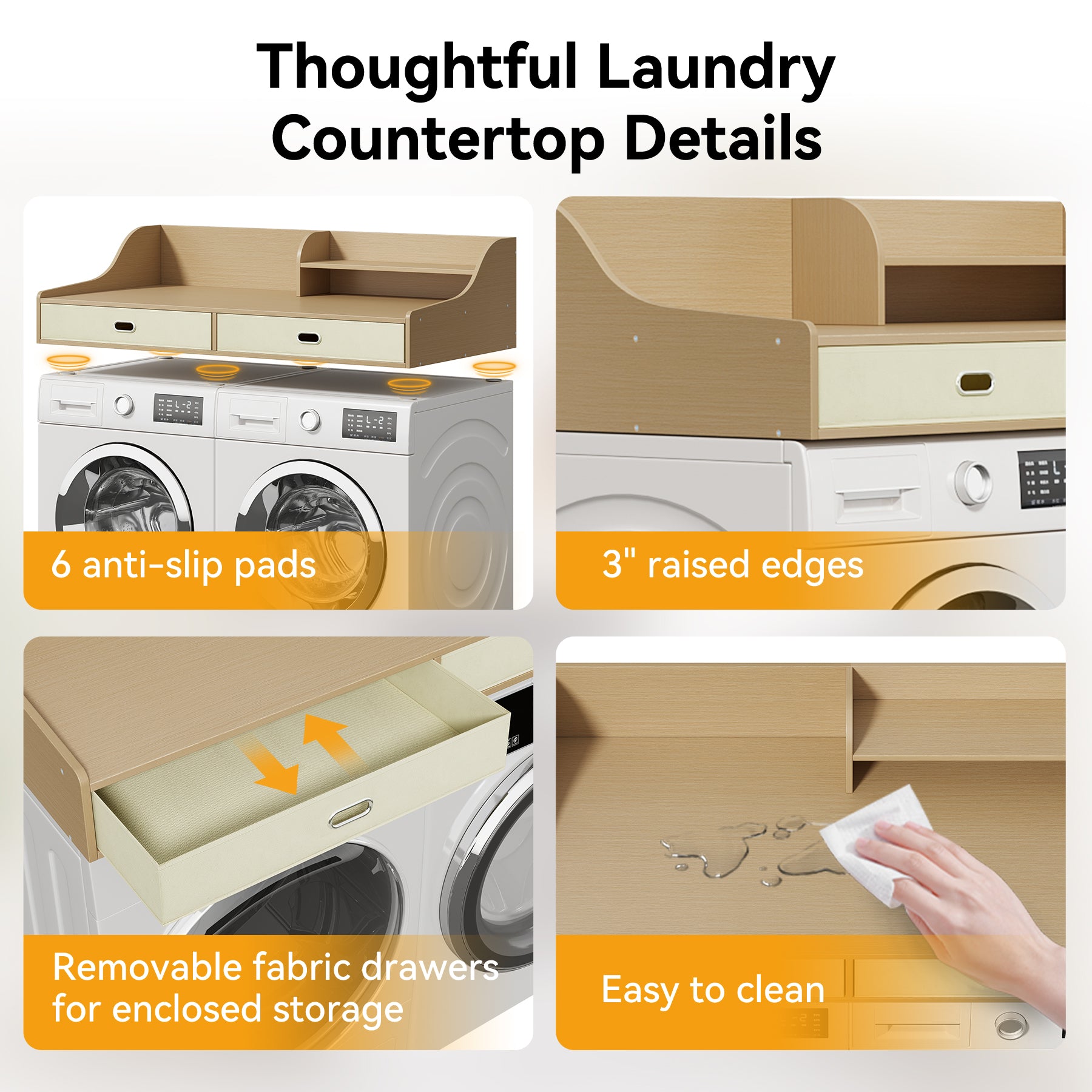 54" Washer Dryer Countertop with Drawers, 3-Tier Laundry Room Organizer, Waterproof Wood Topper