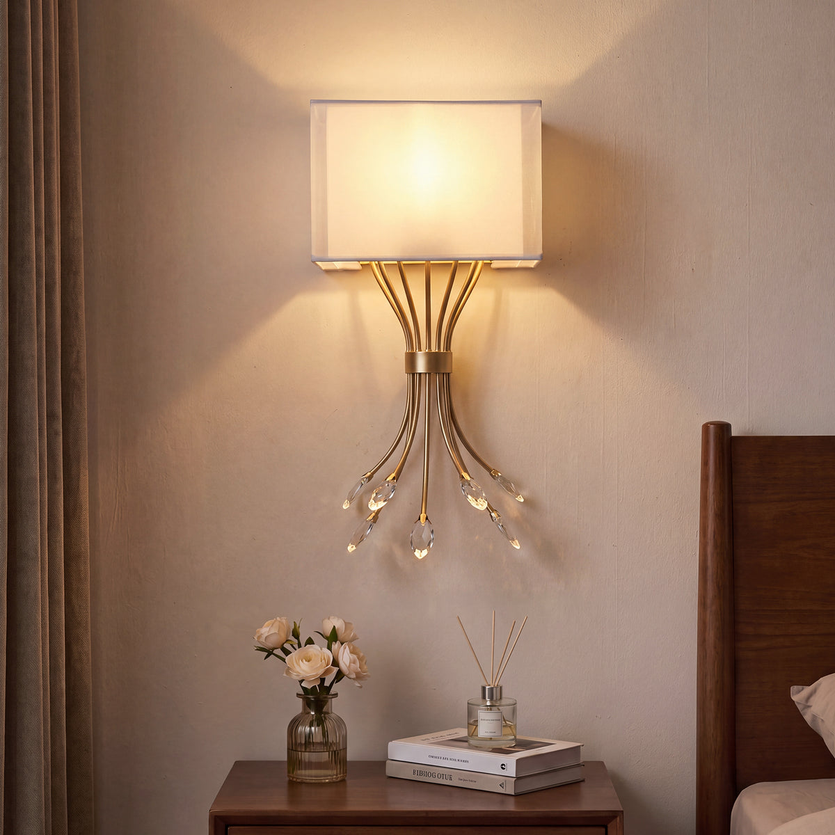 19.96" Gold Wall Sconce, Double Layer Fabric Wall Light with Crystal