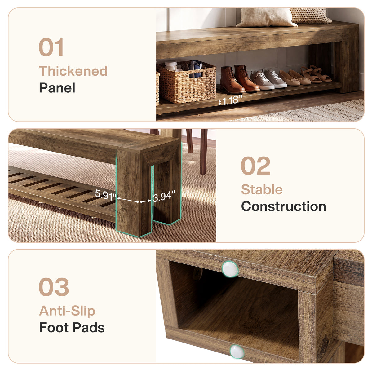 70.87" Entryway Bench, 2-Tier Storage Shoe Bench with Lower Open Shelf for 3-4 People