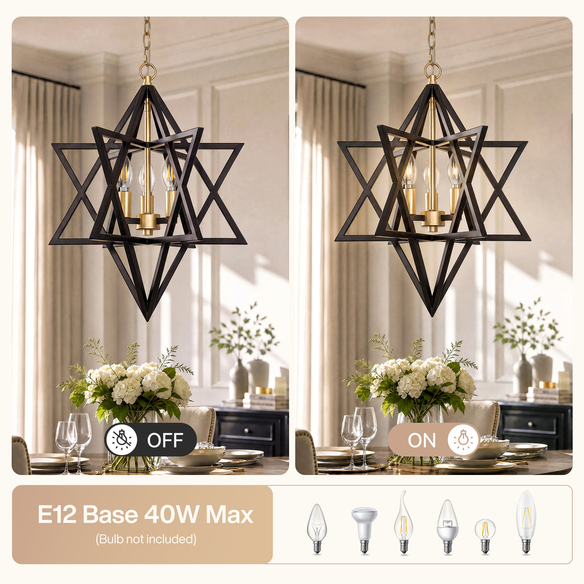 3-Light 15.75" Geometric Chandelier, Black and Gold Farmhouse Pendant Light