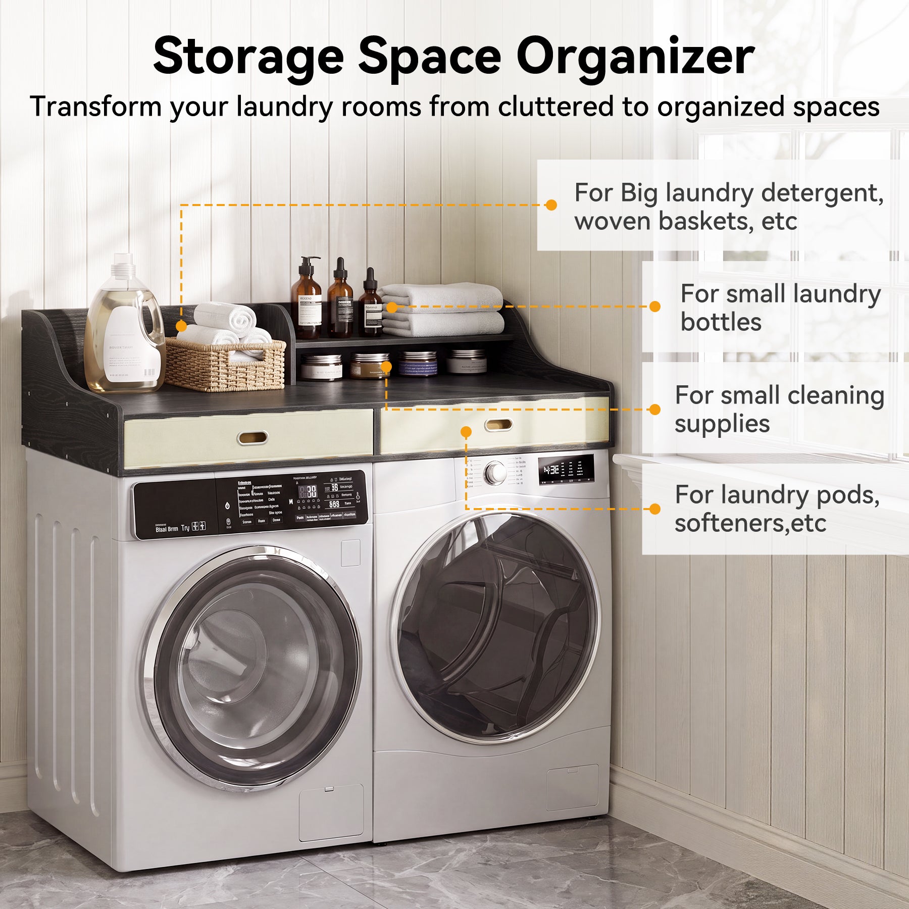 54" Washer Dryer Countertop with Drawers, 3-Tier Laundry Room Organizer, Waterproof Wood Topper