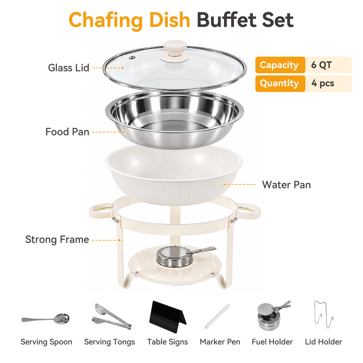 4-Pack Chafing Dishes for Buffet Set, 6QT Round Stainless Steel Food Chafing Dishes