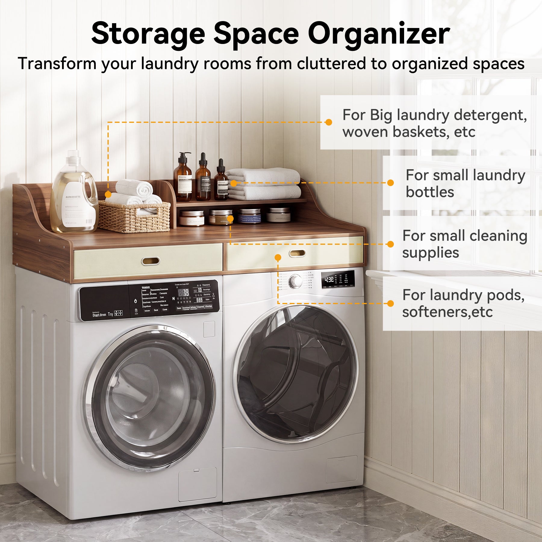 54" Washer Dryer Countertop with Drawers, 3-Tier Laundry Room Organizer, Waterproof Wood Topper
