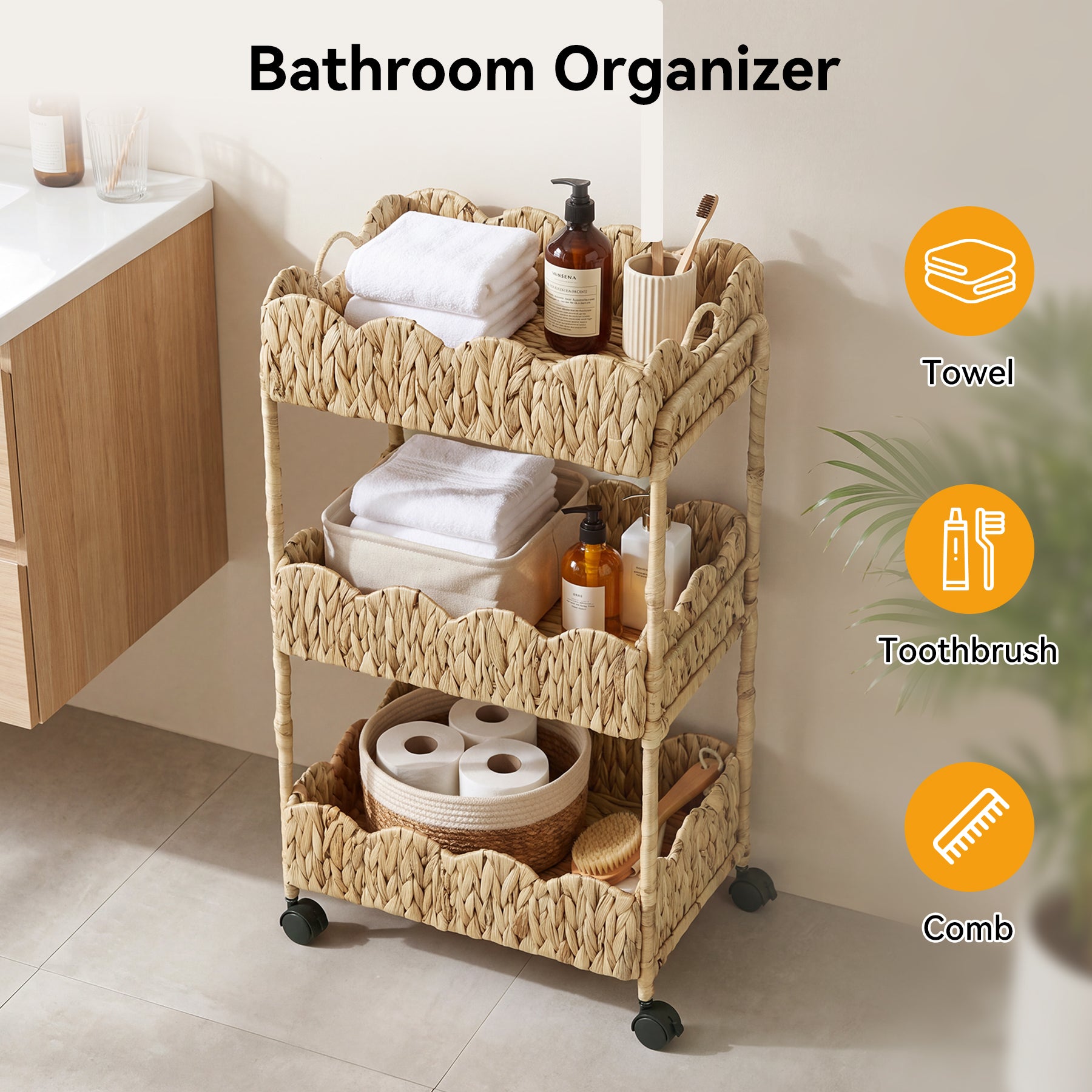3-Tier Water Hyacinth Rolling Cart with Wheels, Metal Frame Utility Cart, Bathroom Kitchen Nursery