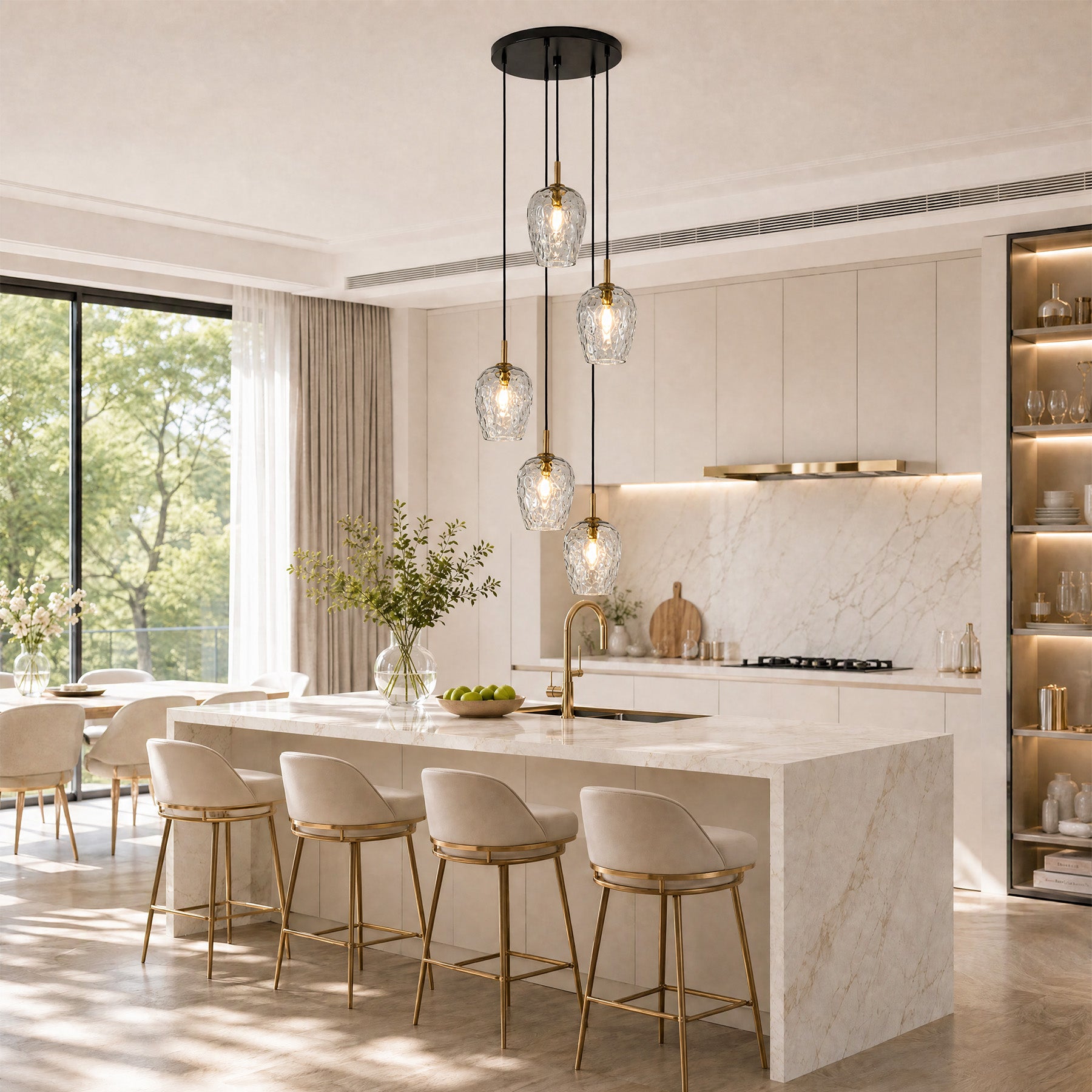 5-Light Hammered Glass Pendant Light, Modern Light Fixtures with Adjustable 60" Cord