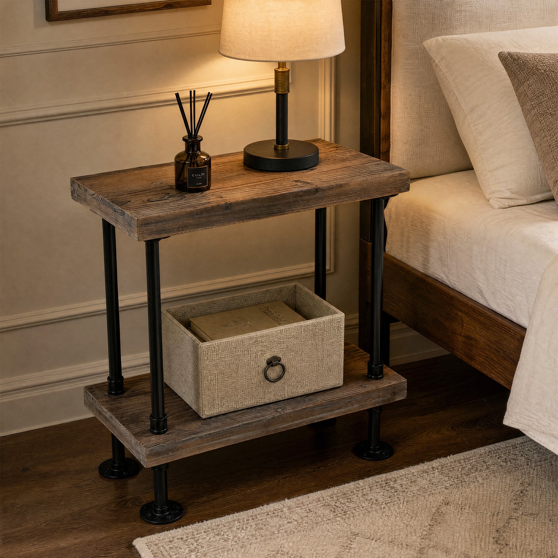 2-Tier Solid Wood End Table, Rectangle Side Table with Open Shelves & Metal Frame