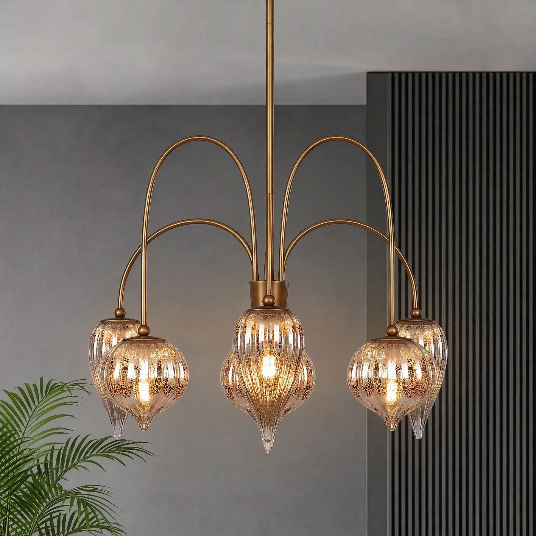 6-Light Brass Chandelier, Modern Pendant Lighting with Mixed Round & Teardrop Mercury Glass