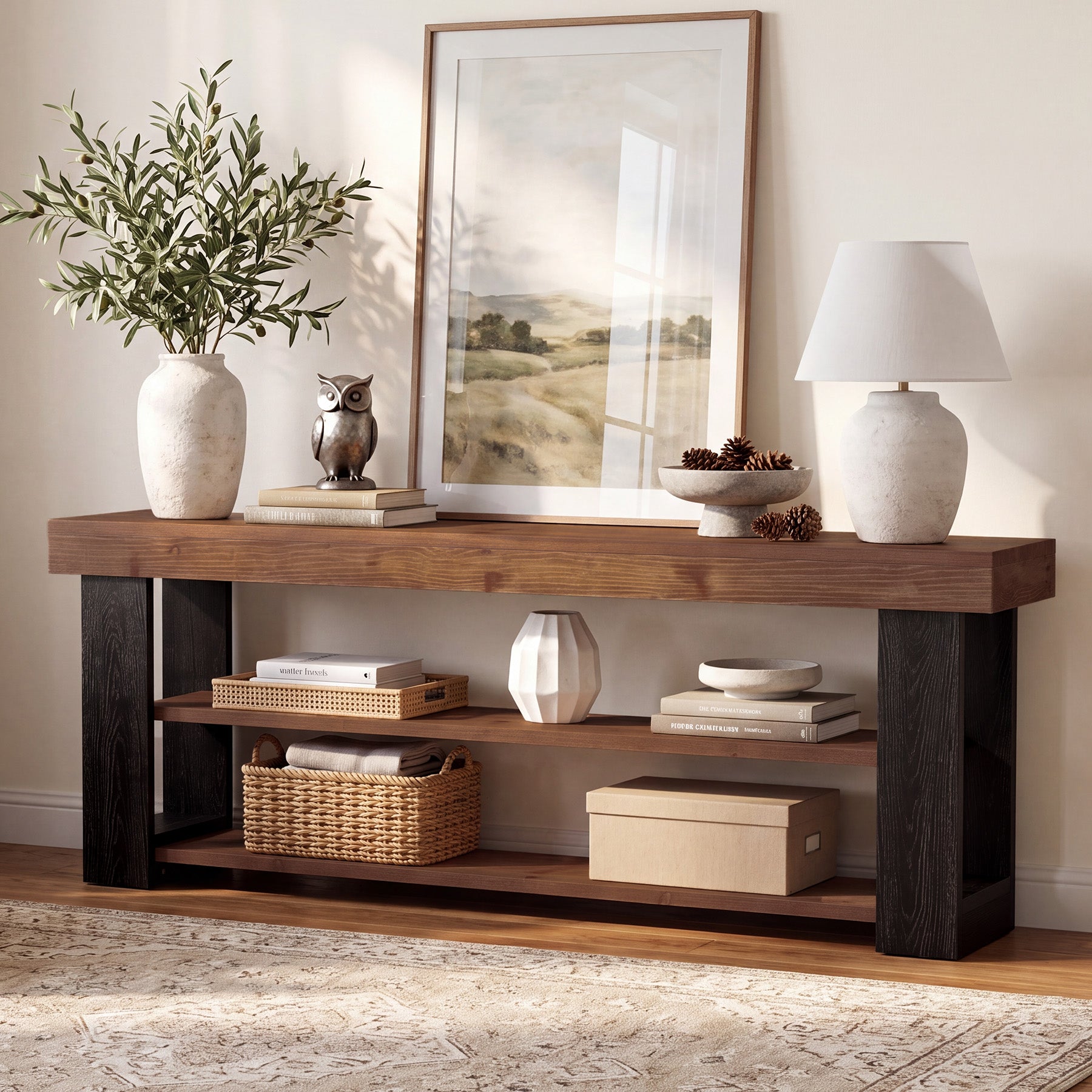63" Console Table with 3-Tier Storage Shelves, Solid Wood Slim Entryway Sofa Table